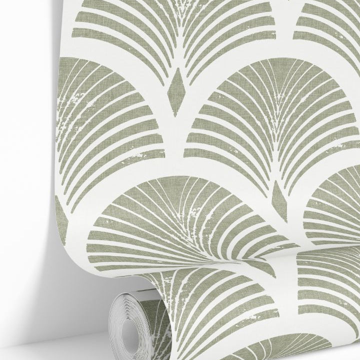 roll of sagecroft olive green wallpaper with repeating ivory fan arches and distressed linework