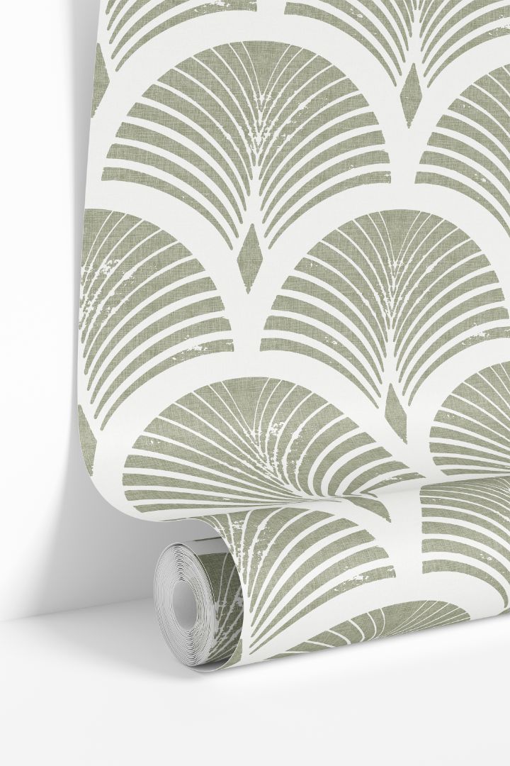 roll of sagecroft olive green wallpaper with repeating ivory fan arches and distressed linework