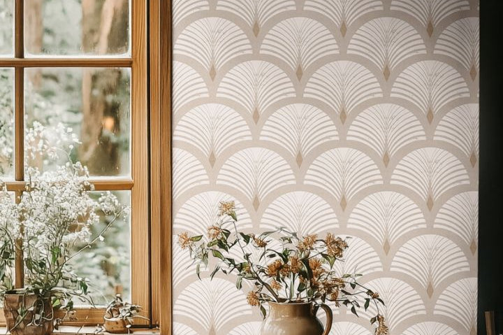 sandcroft neutral beige wallpaper in cozy dining nook with wood table and ceramic vase – geometric fan design – james & colors