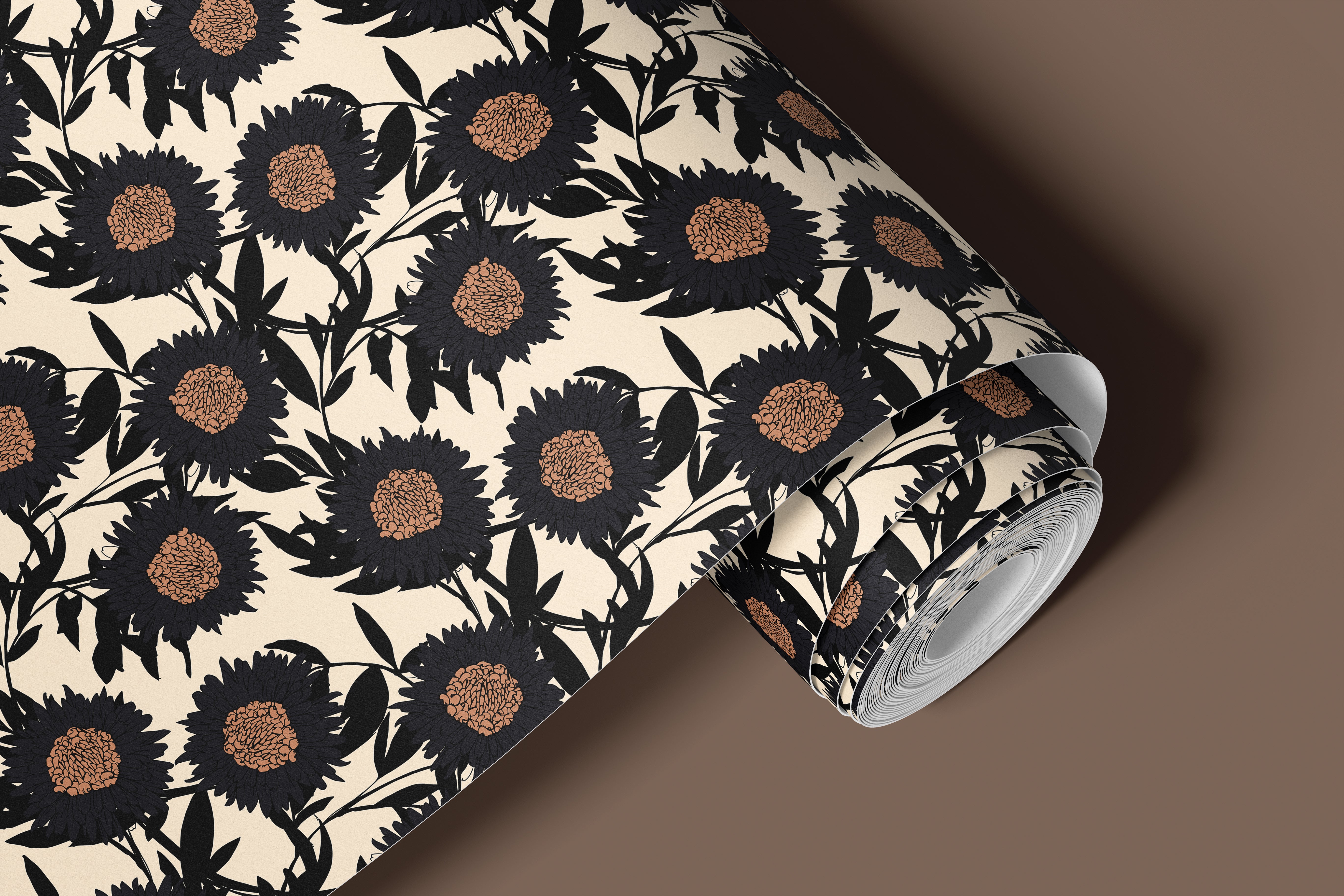 Roll view of Santal Bloom peel and stick contact paper featuring oversized ivory floral blooms with black linework and terracotta accents.