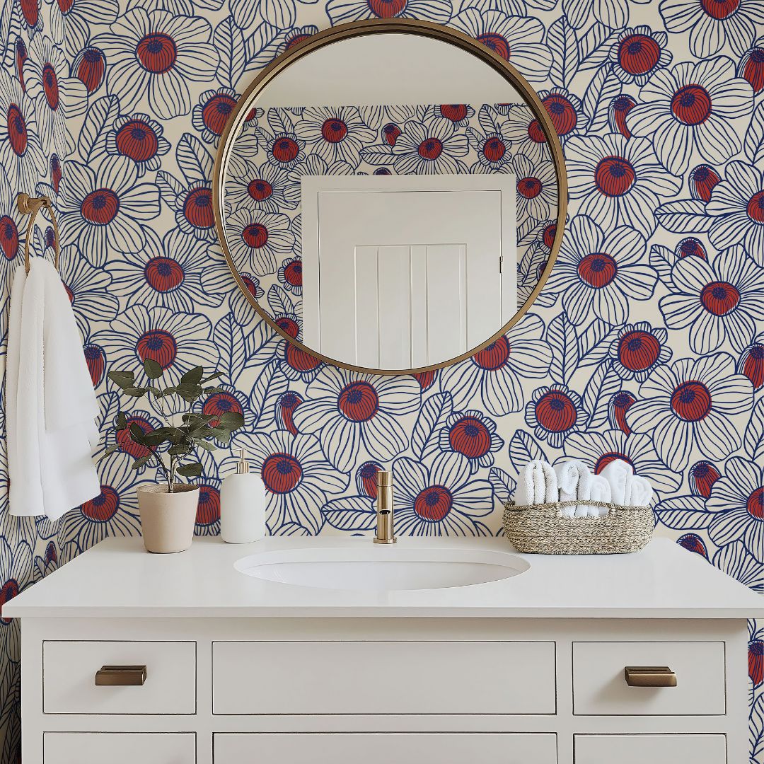 luxury sapphire floral wallpaper featuring vibrant wildflower blooms in scattered pattern layout