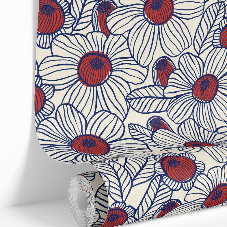 colorful rosette style flowers on deep sapphire background in painterly floral wallpaper design