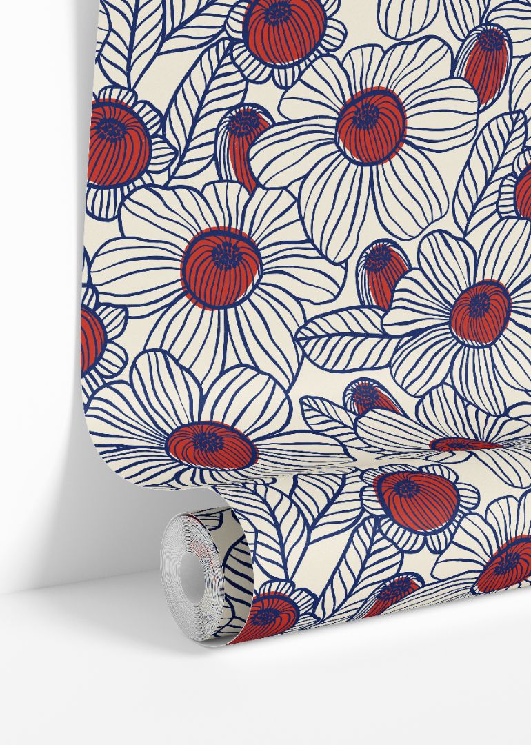 colorful rosette style flowers on deep sapphire background in painterly floral wallpaper design