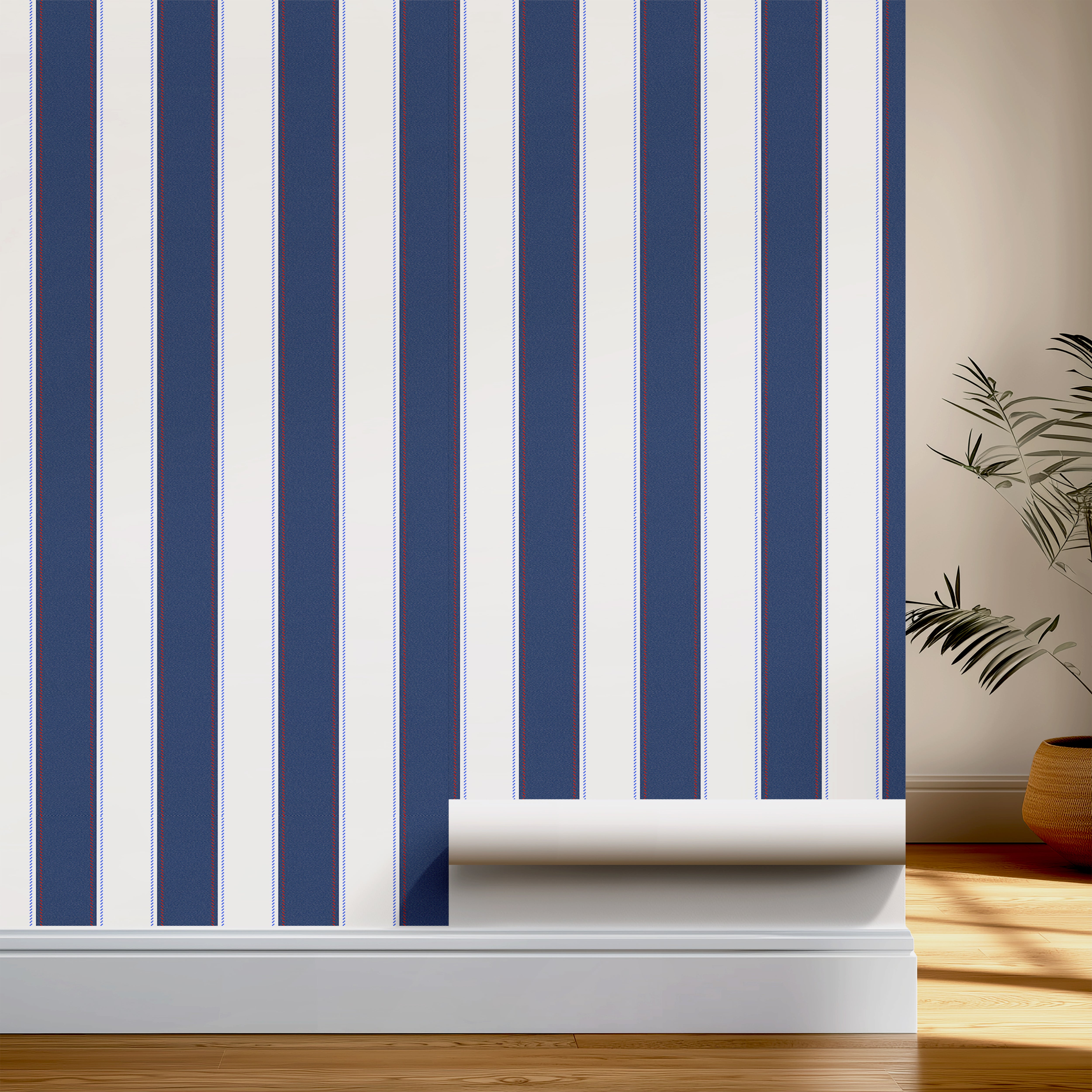 navy stripe wallpaper with red accents in kids room with structured design