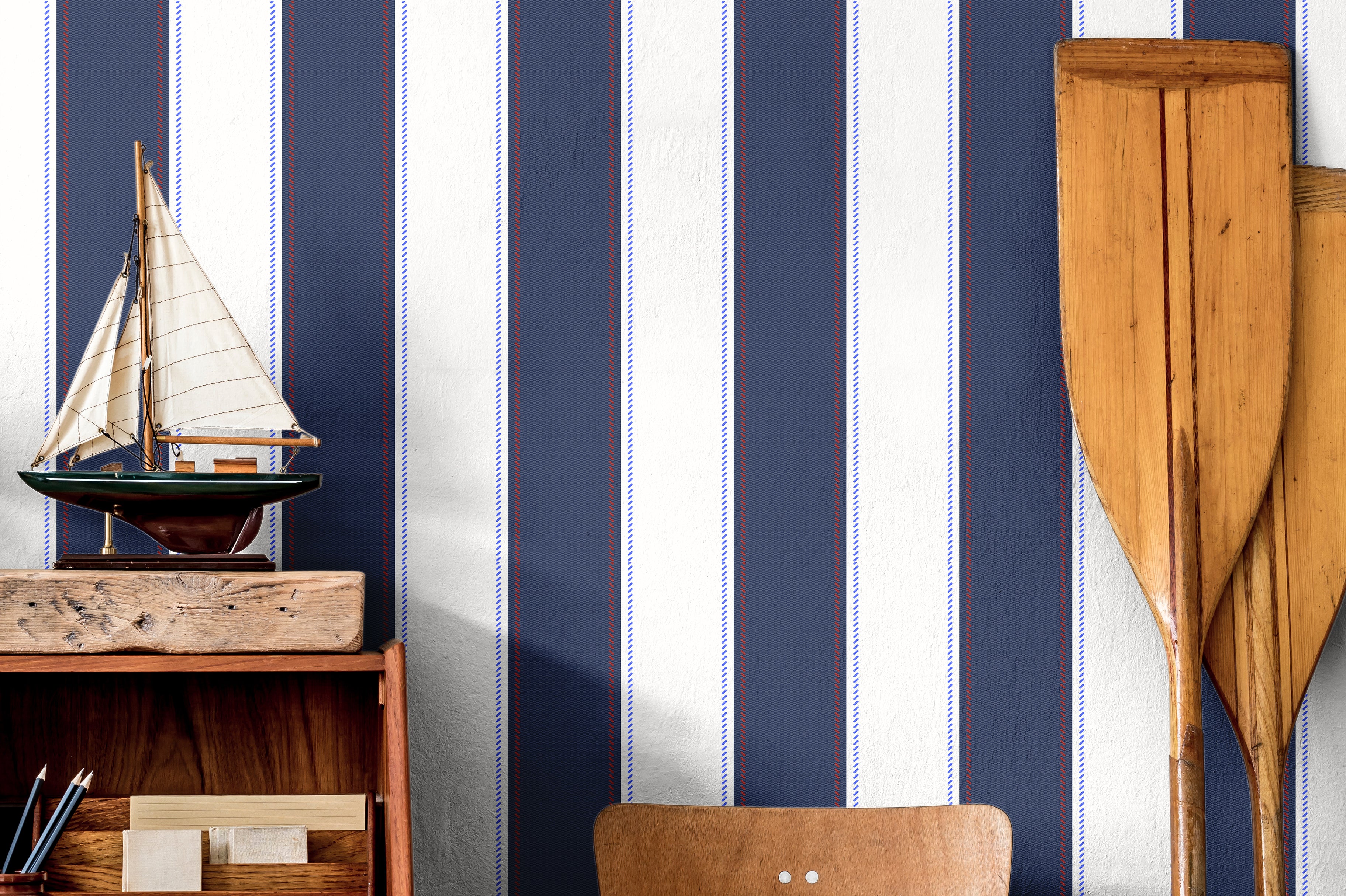 classic navy pinstripe wallpaper with red detail in office setting