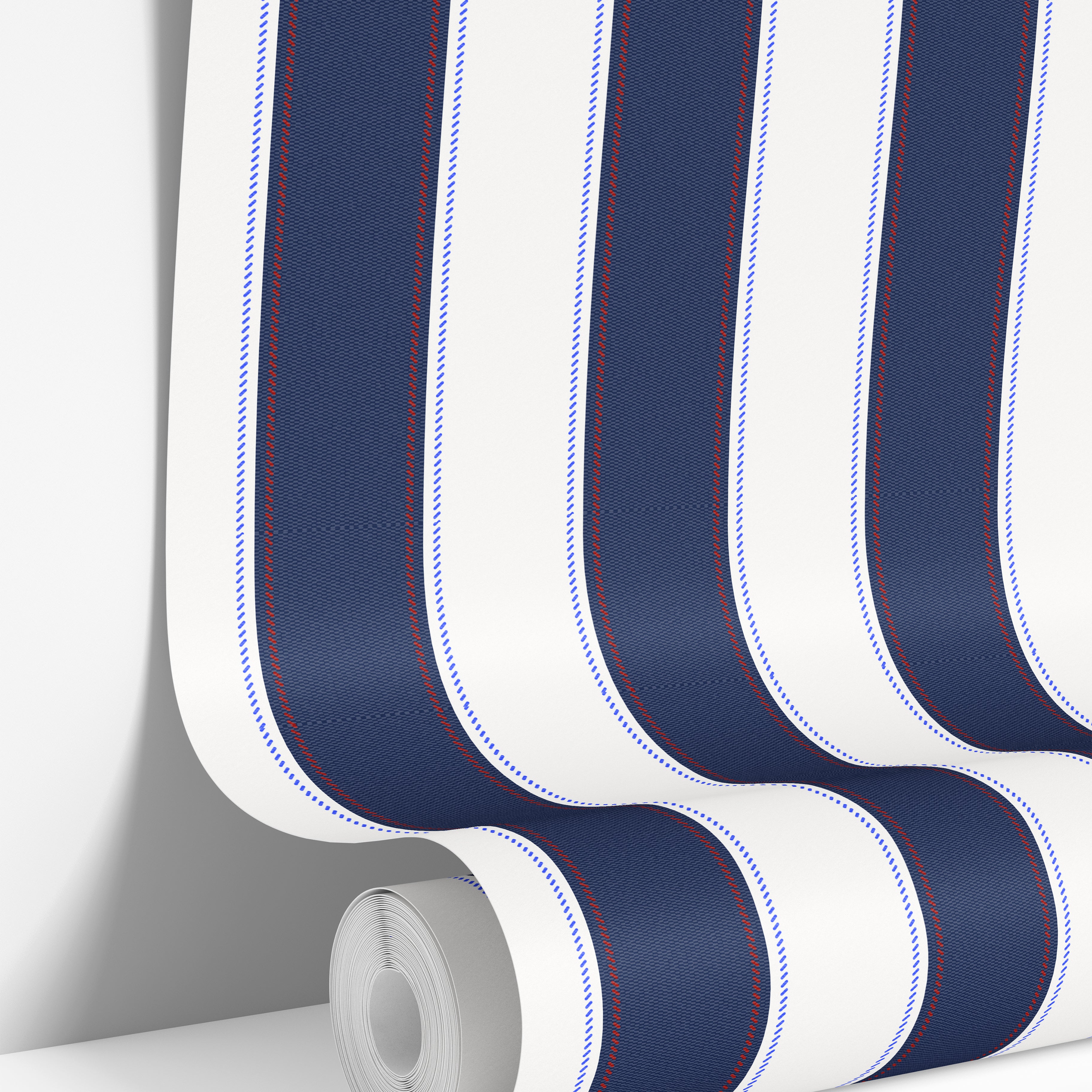 close view of navy and red pinstripe wallpaper with fine vertical detail