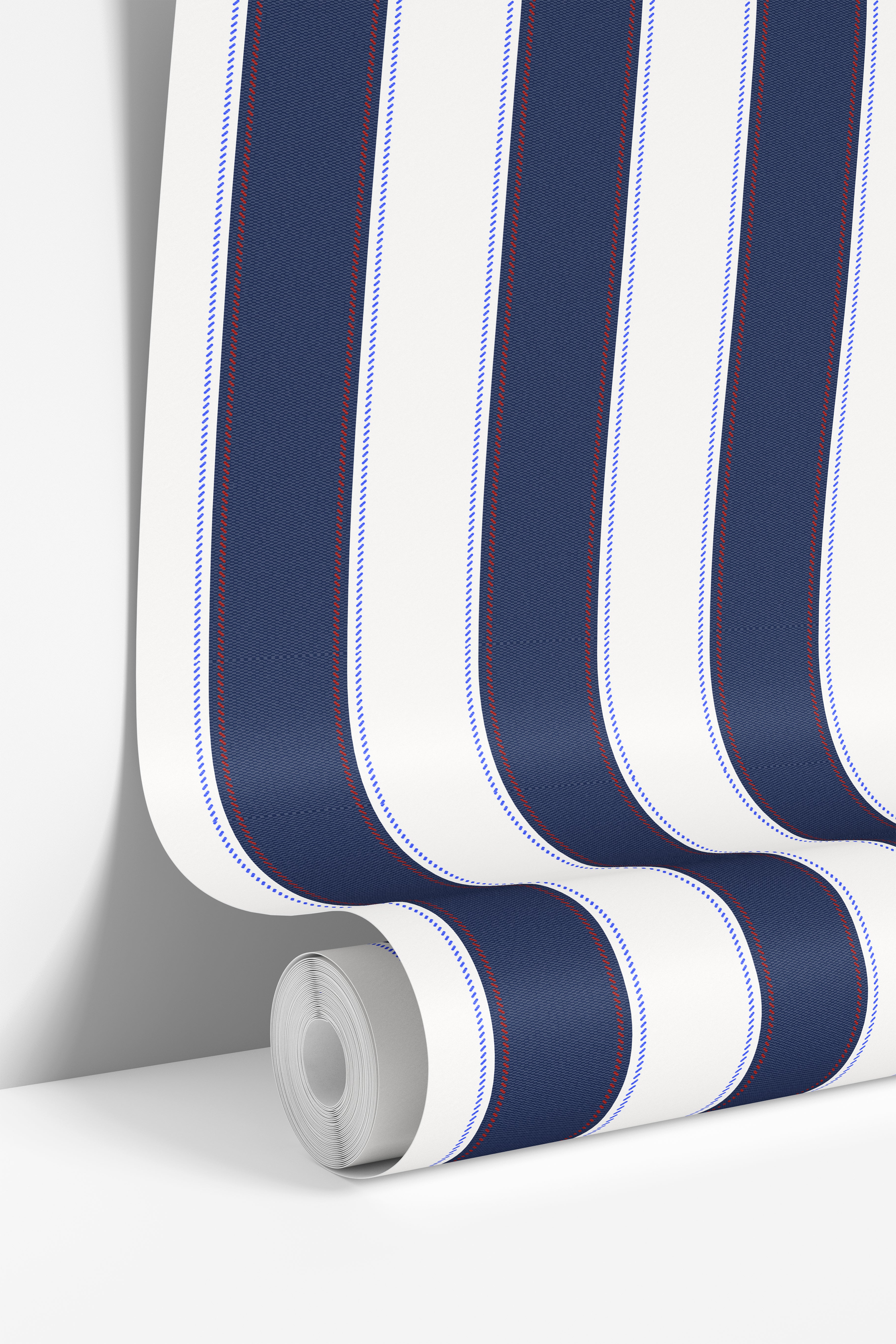 close view of navy and red pinstripe wallpaper with fine vertical detail