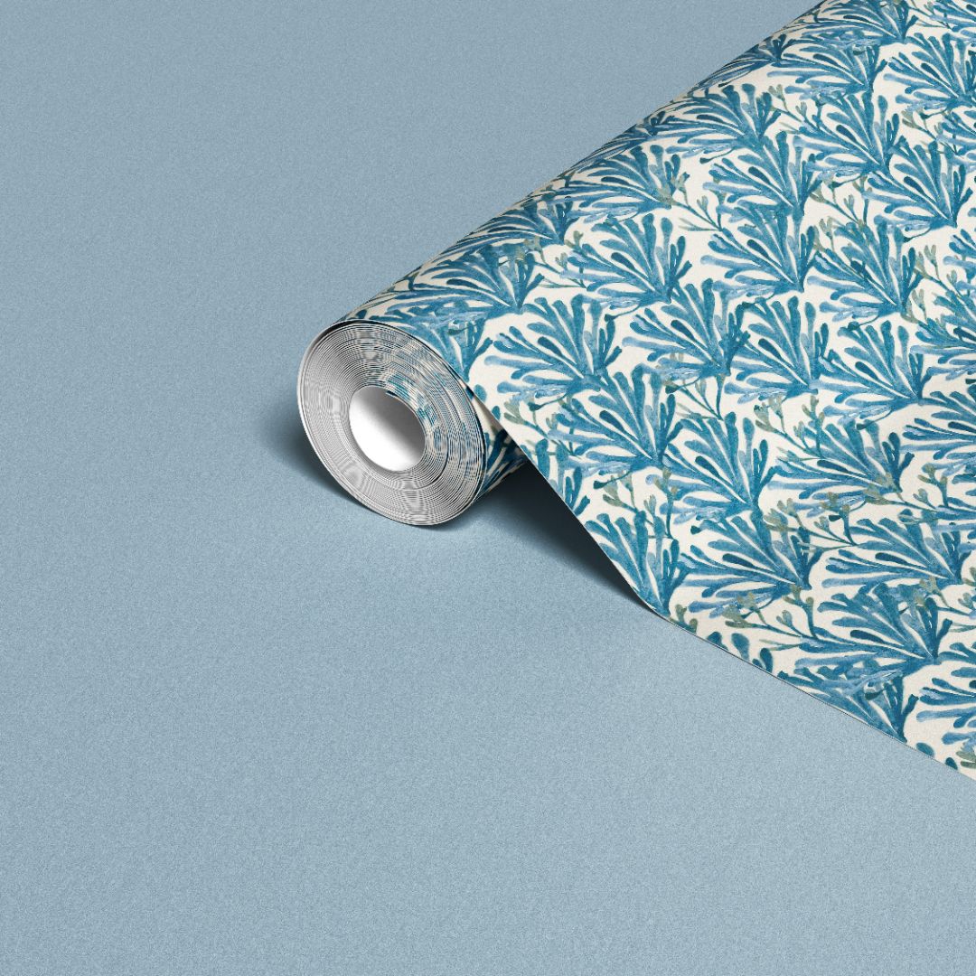blue botanical peel and stick wallpaper design with coastal leaf pattern for cabinet and shelf liner use