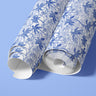 contact paper roll showing blue and white coastal palm pattern for cabinets shelves and furniture surfaces