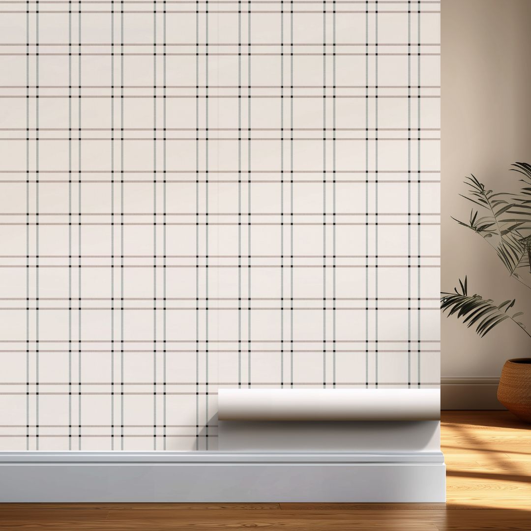 plain wall featuring serene grid neutral plaid wallpaper in taupe and gray on a white background