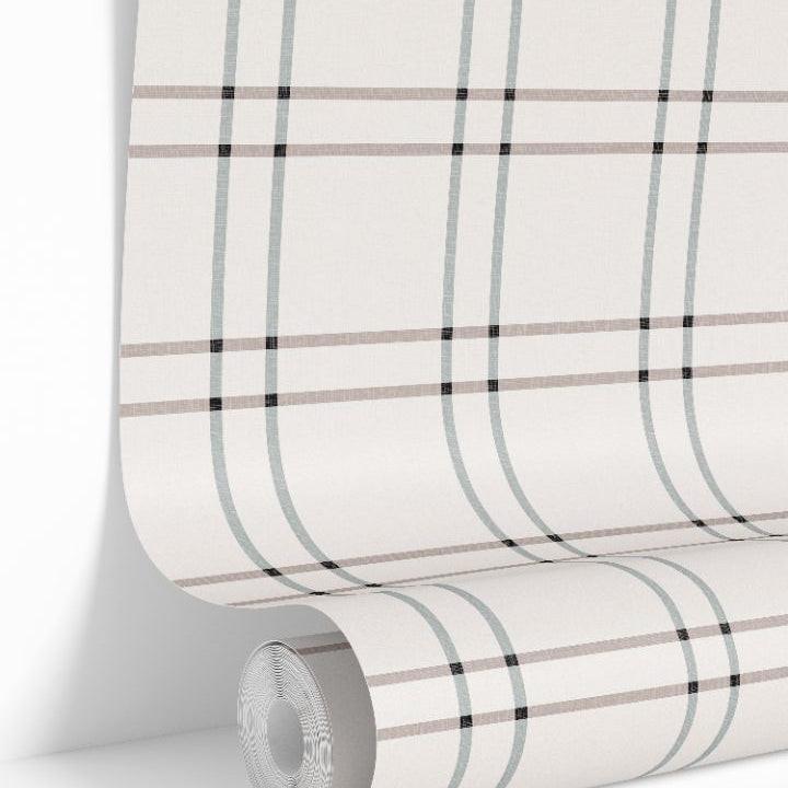 neutral plaid wallpaper roll in taupe, gray, and white – Serene Grid design