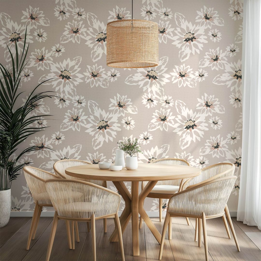 silken bloom wallpaper styled in elegant dining room