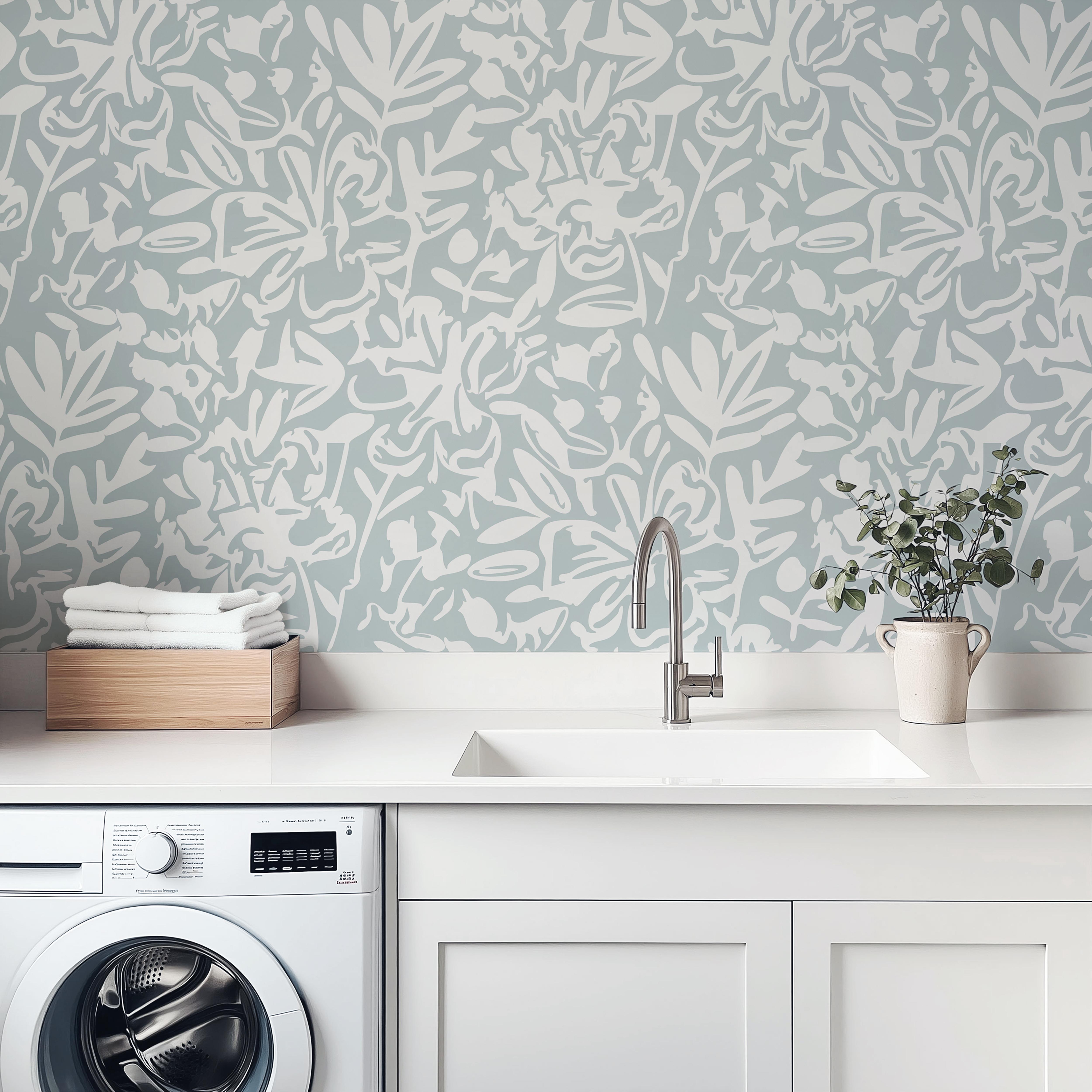 soft botanical wallpaper in green and white

