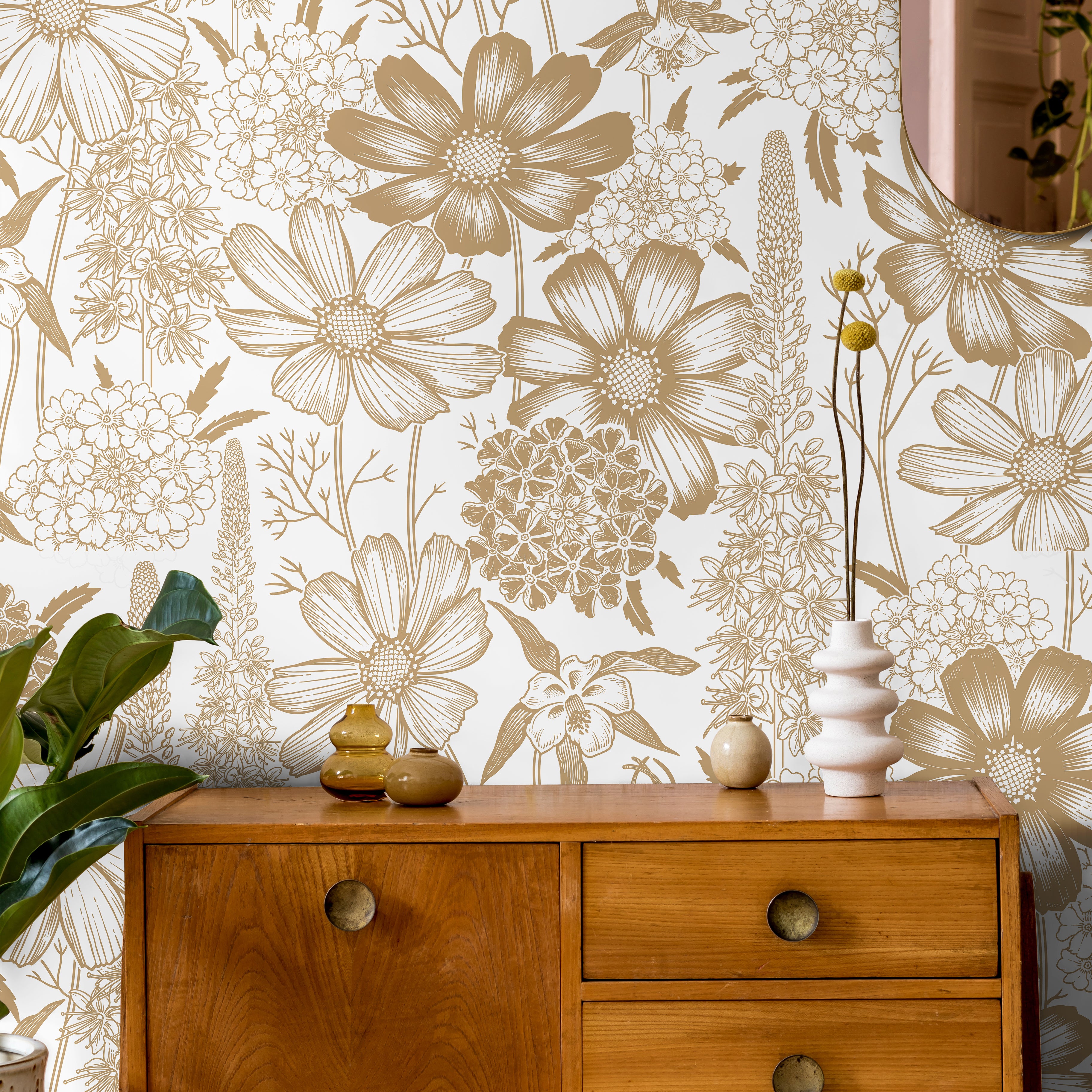 tan botanical wallpaper in modern bedroom with wood furniture