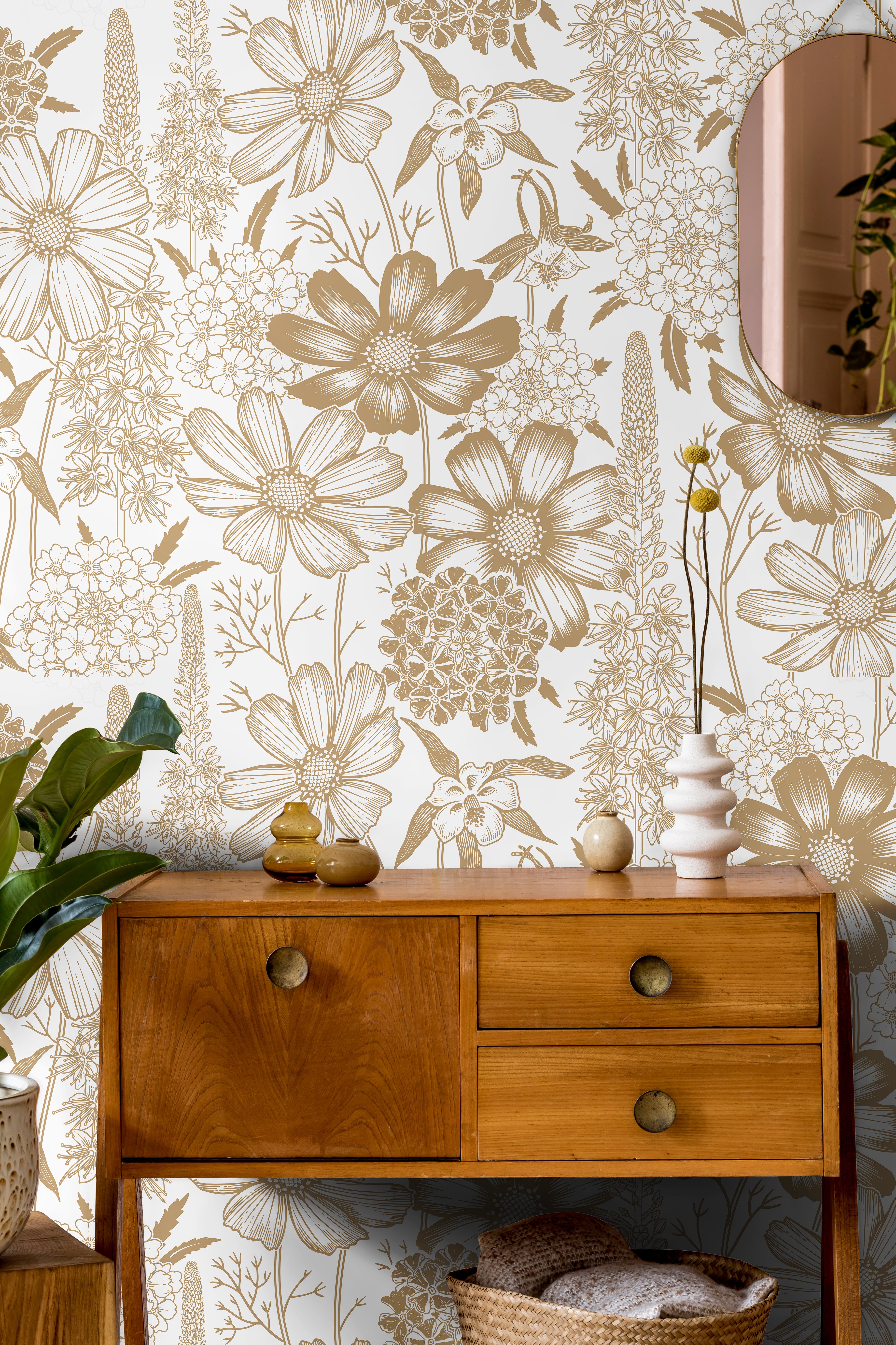 tan botanical wallpaper in modern bedroom with wood furniture