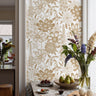 neutral floral wallpaper with tan botanical pattern in living room