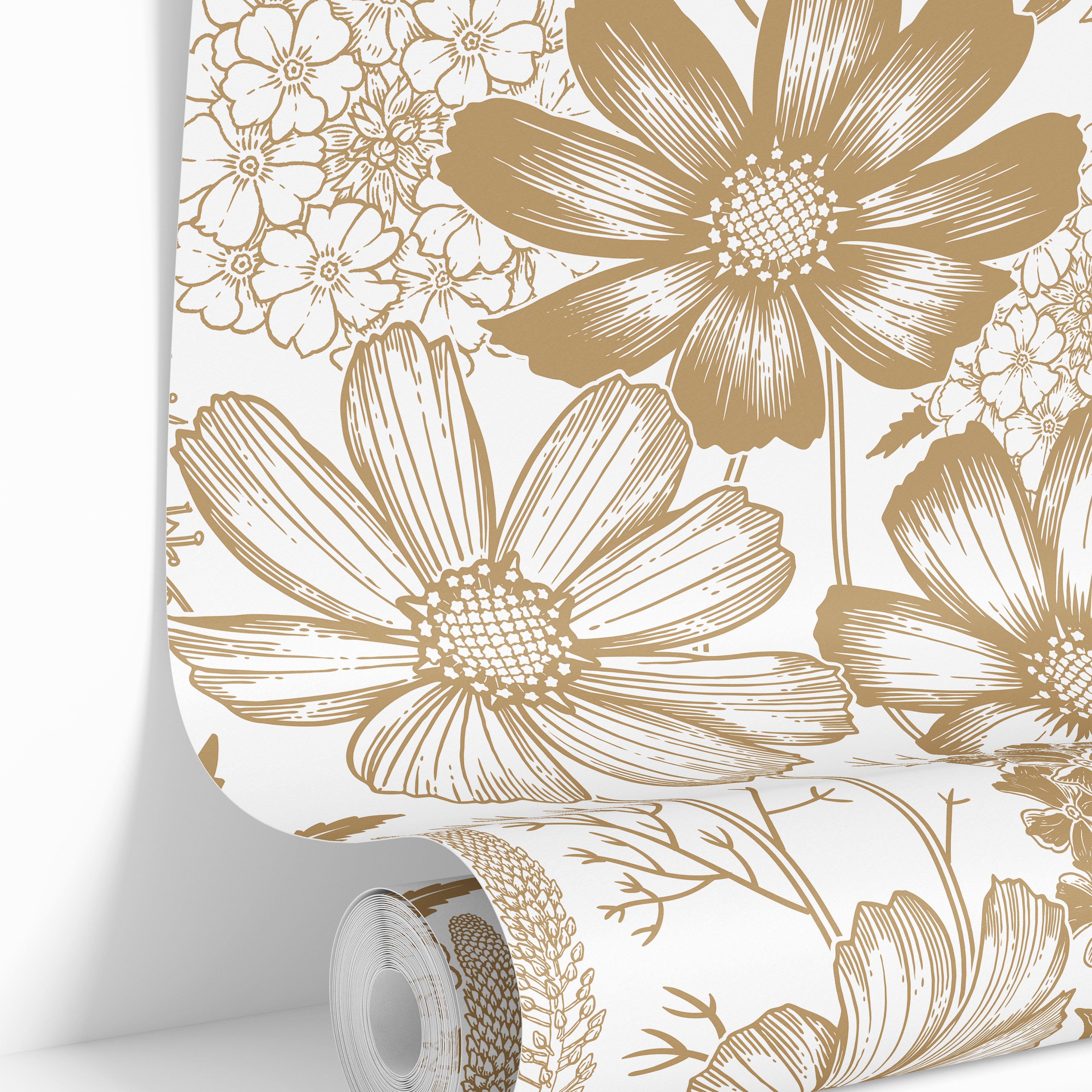 floral wallpaper roll showing seamless tan botanical linework pattern