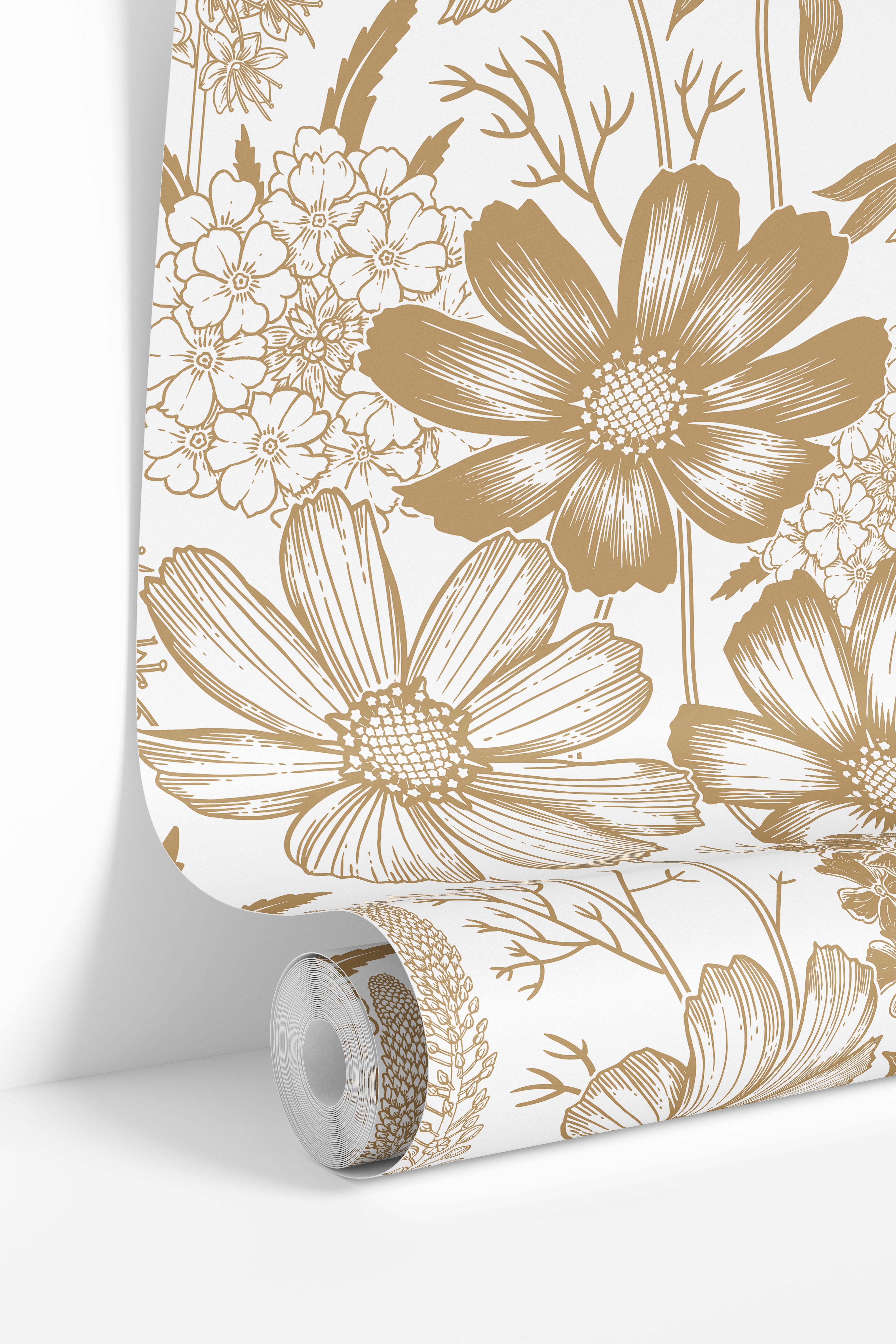 floral wallpaper roll showing seamless tan botanical linework pattern