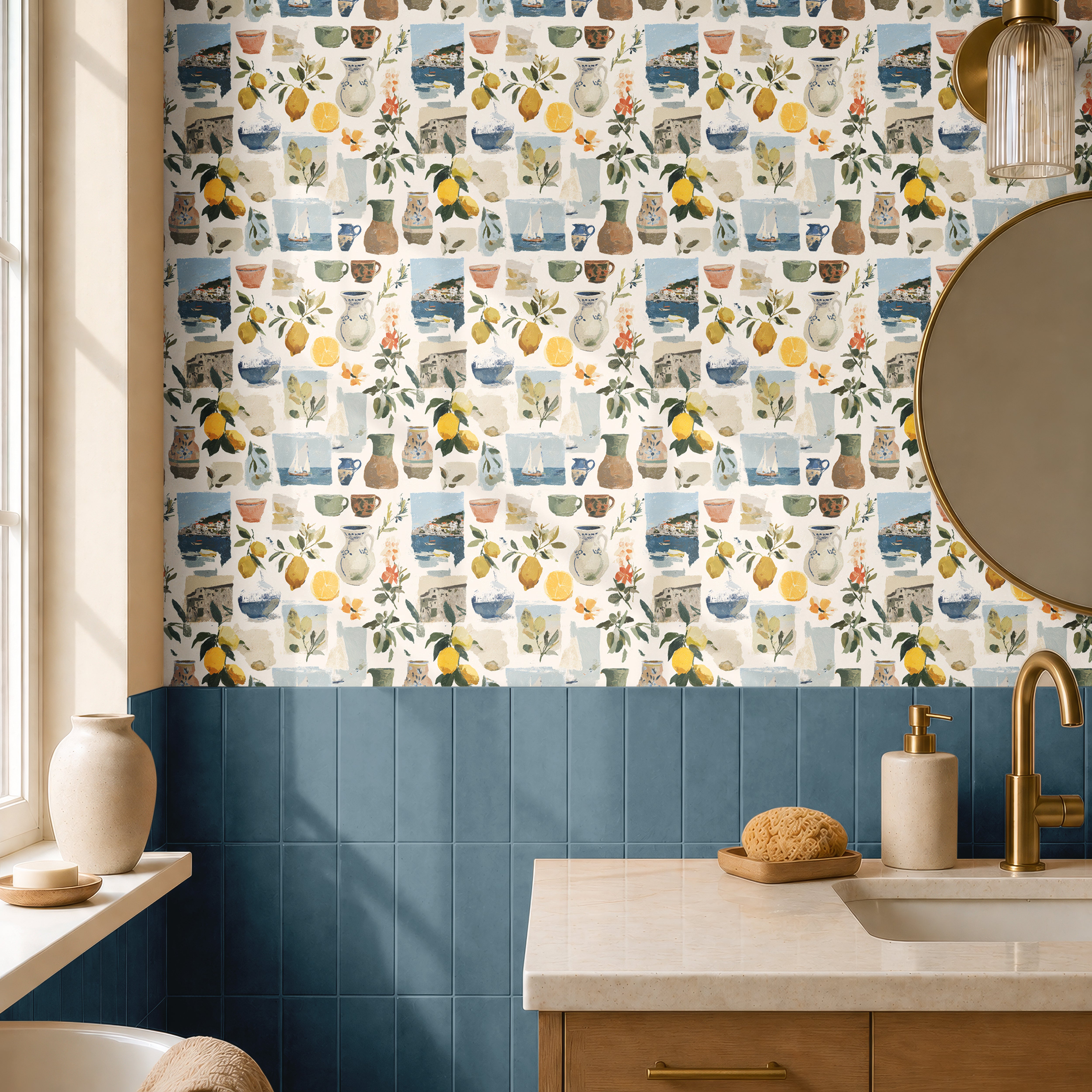 Sorella Coast 3143 Mediterranean coastal wallpaper with painted lemons, pottery, sailboats and seaside scenes styled in a blue tile bathroom