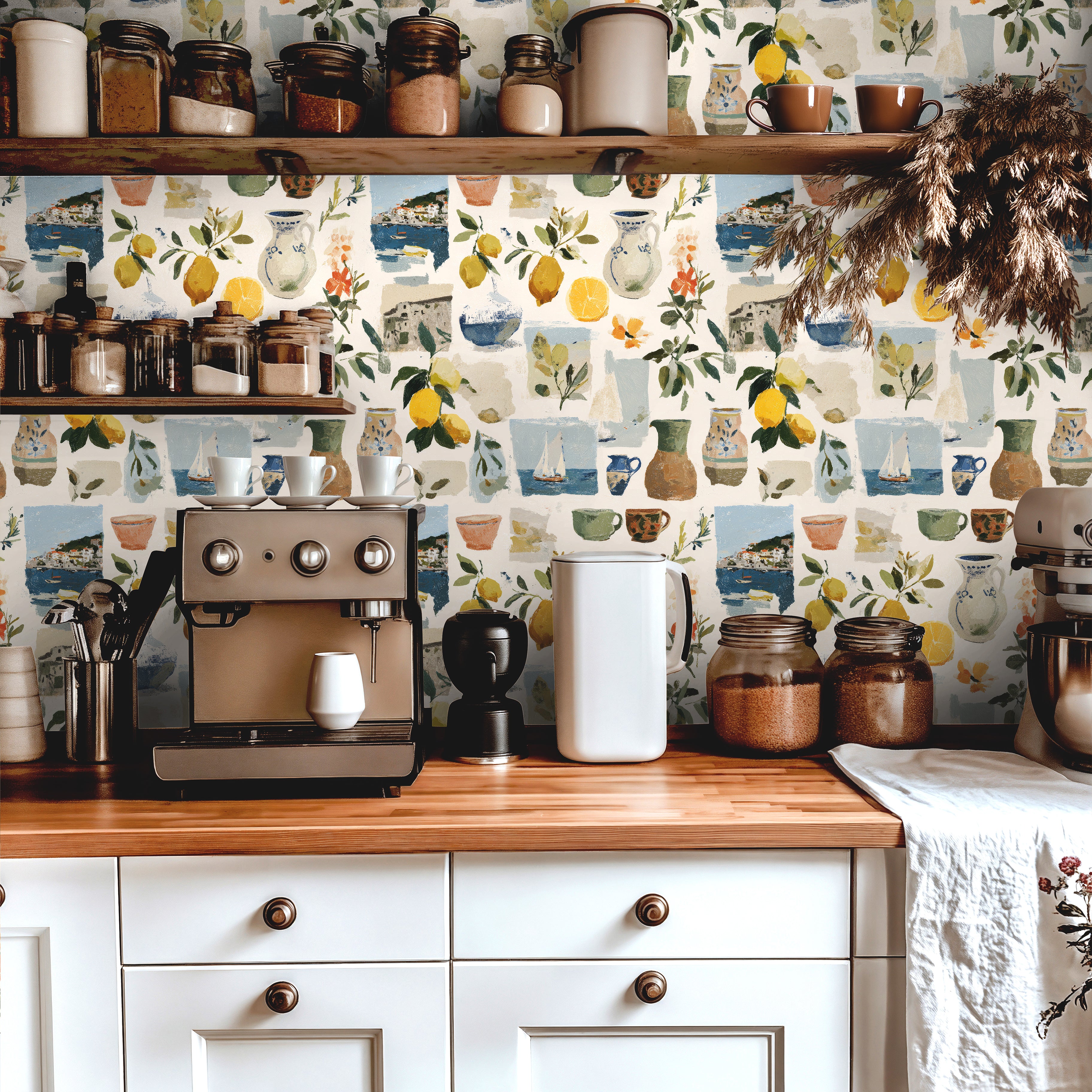 kitchen interior with lemon coastal wallpaper featuring mediterranean collage pattern design