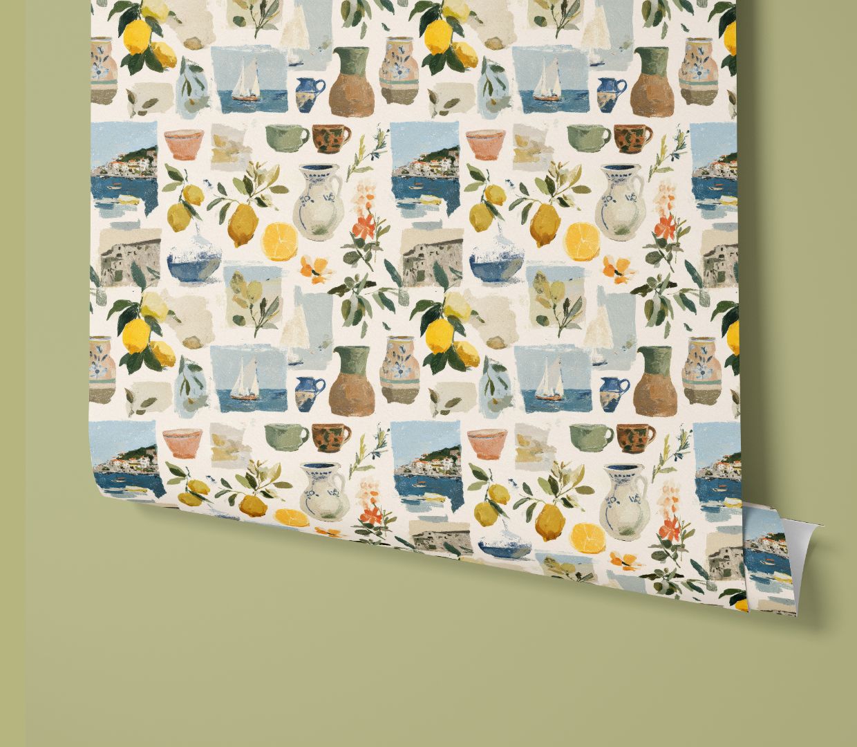 coastal lemon peel and stick wallpaper collage featuring italian seaside and ceramic elements