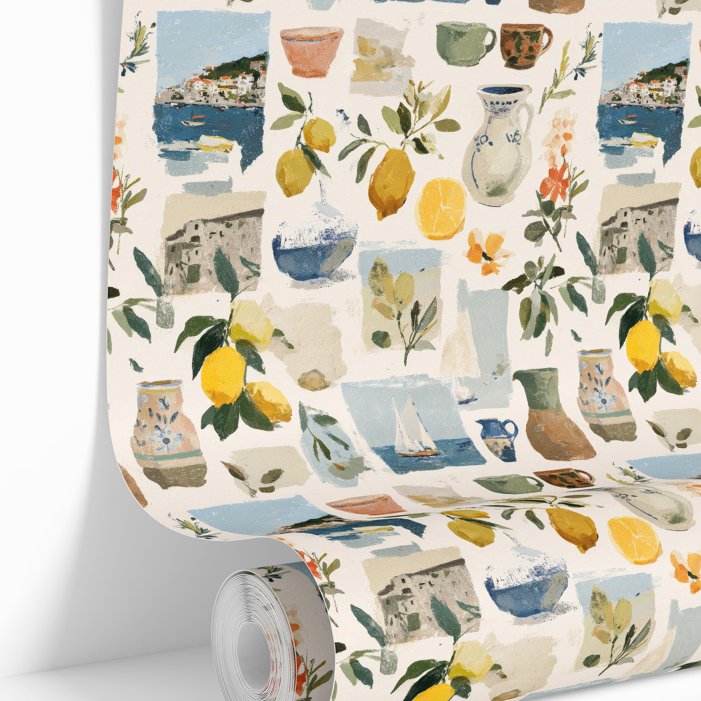 wallpaper roll showing lemon coastal collage pattern for kitchen and accent wall use