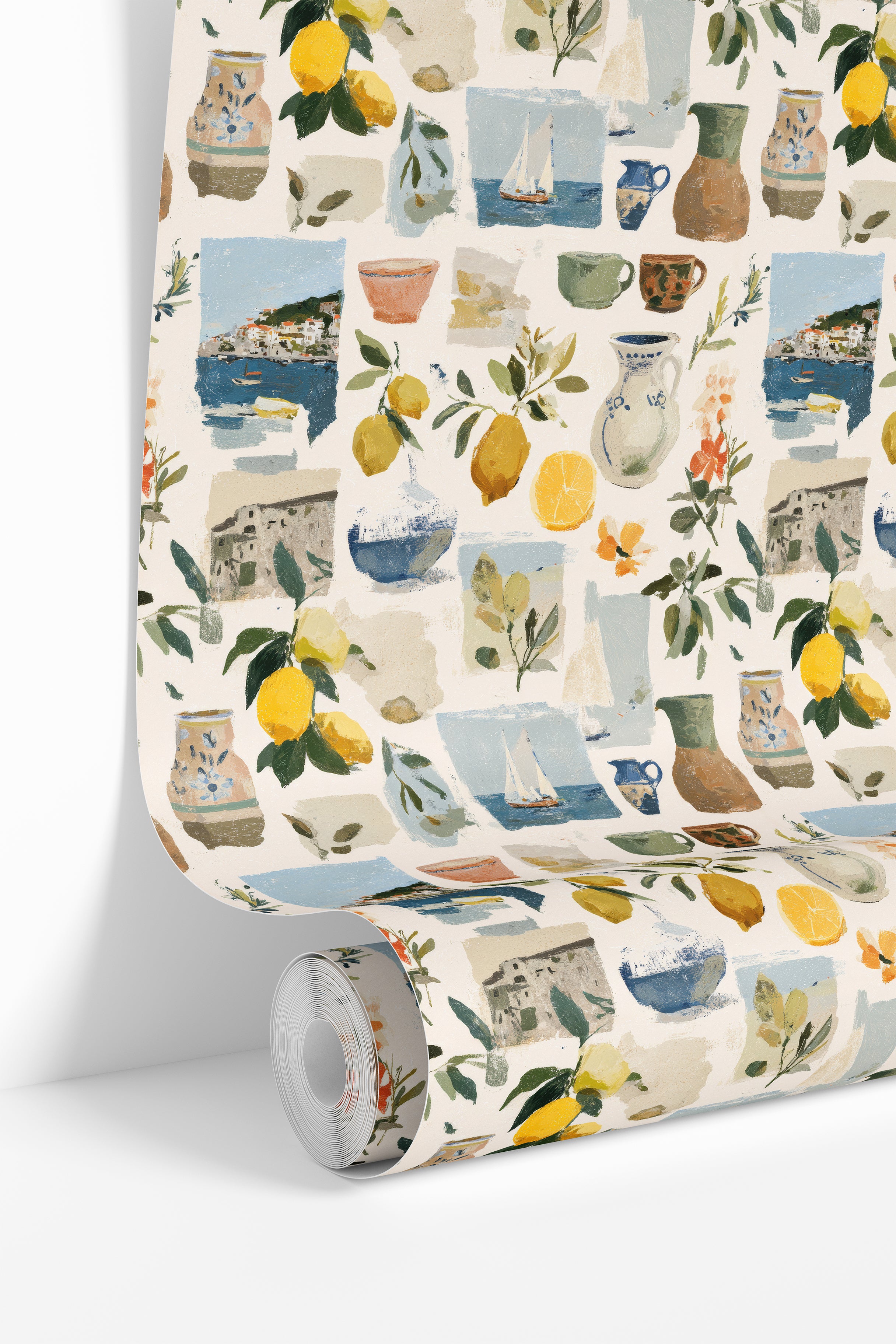 wallpaper roll showing lemon coastal collage pattern for kitchen and accent wall use