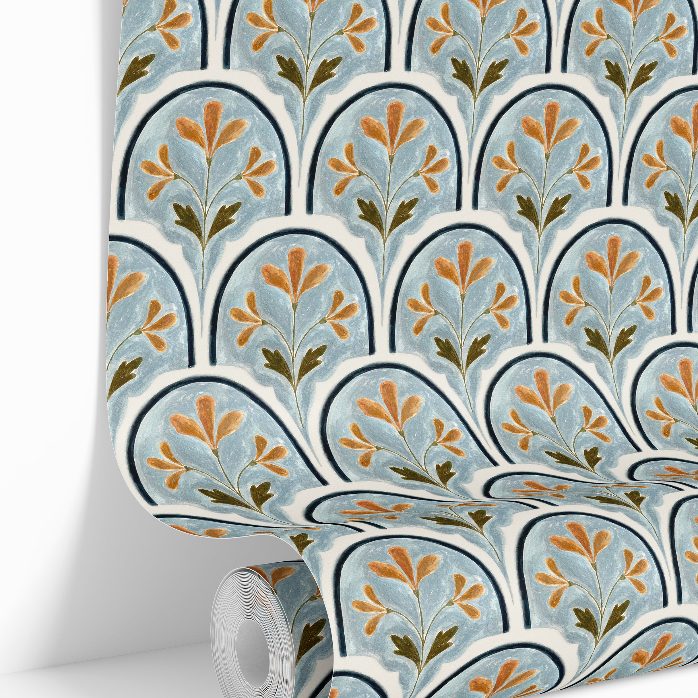 sorella crest wallpaper roll showing blue terracotta arch pattern