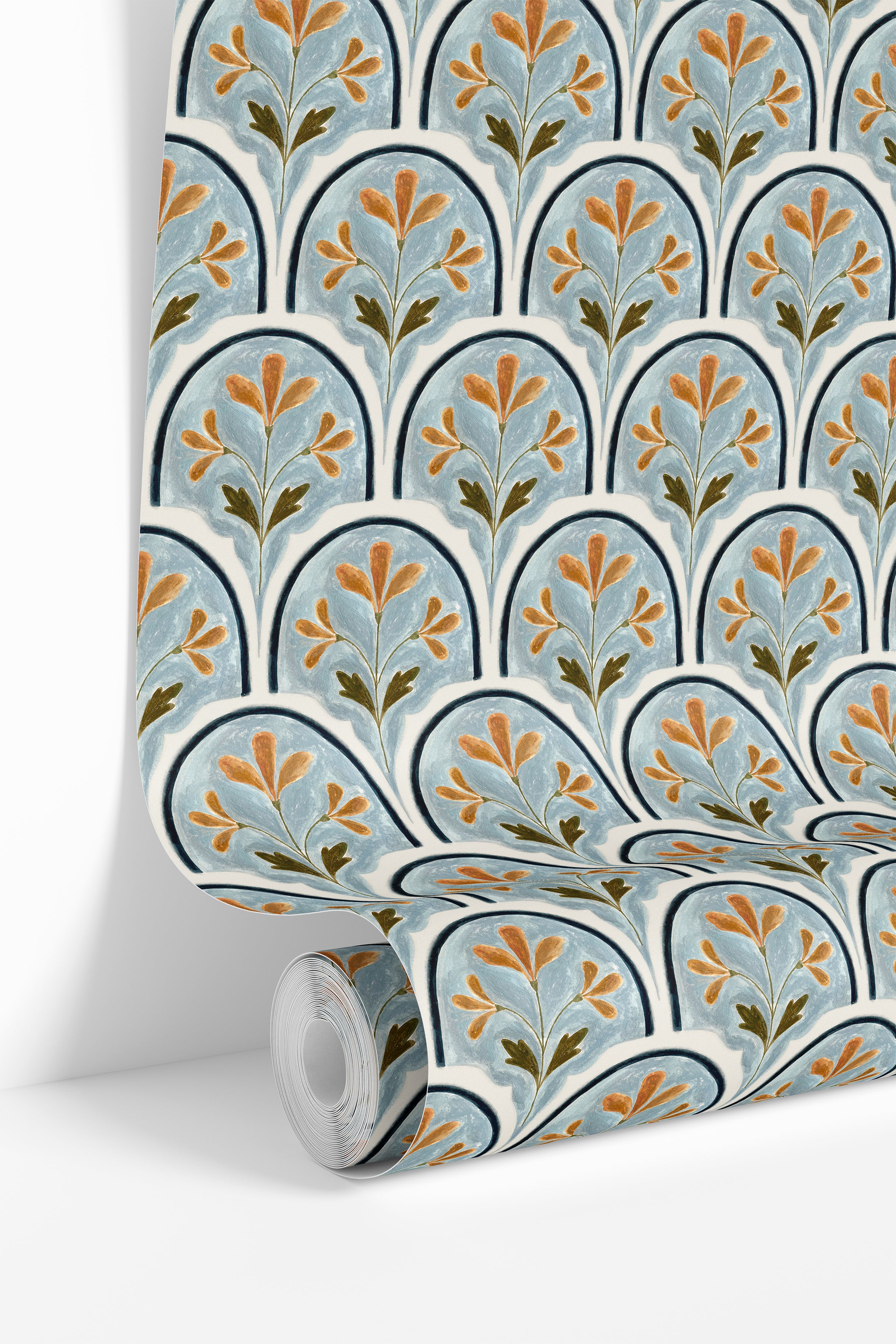 sorella crest wallpaper roll showing blue terracotta arch pattern
