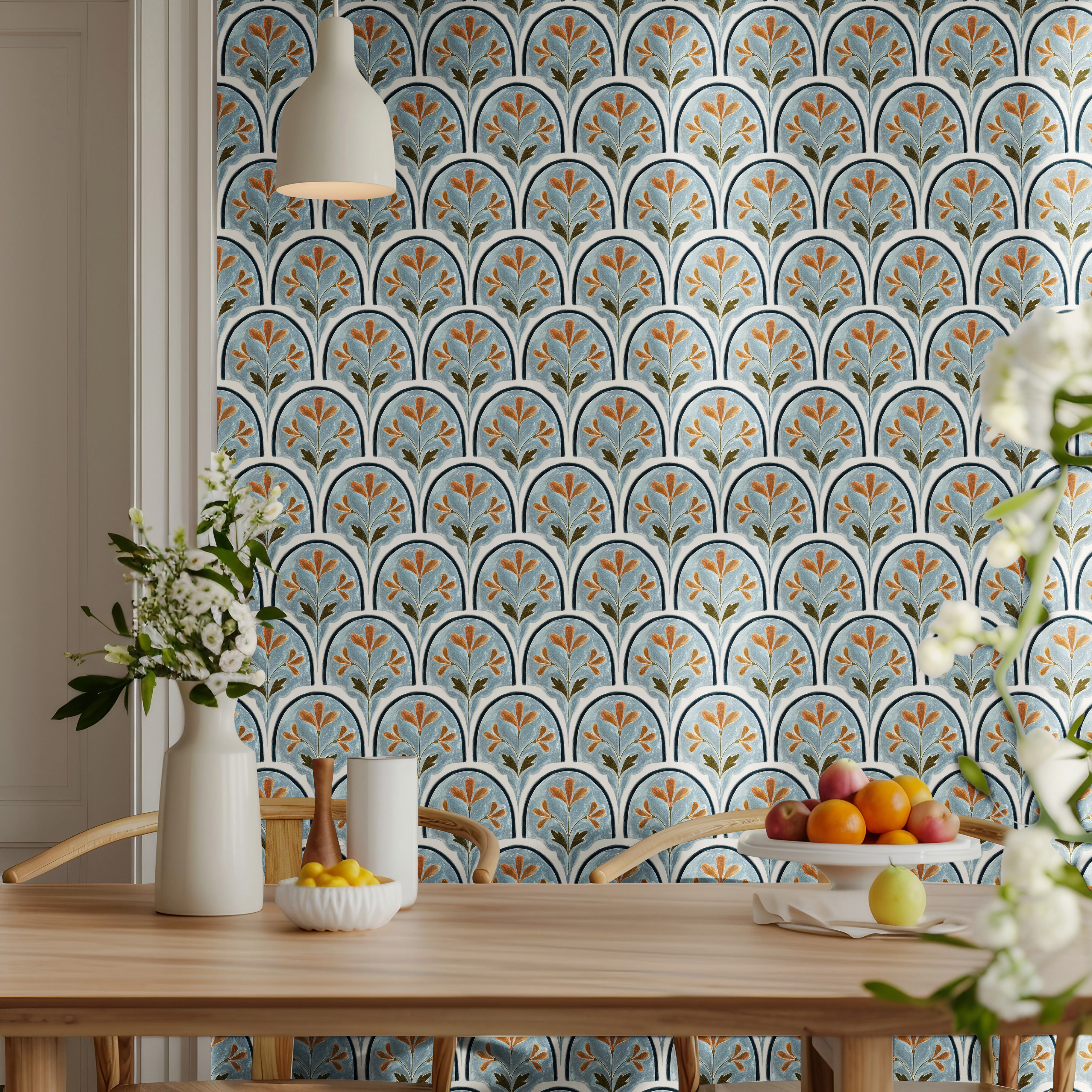 blue arch wallpaper with terracotta accents in mediterranean style design