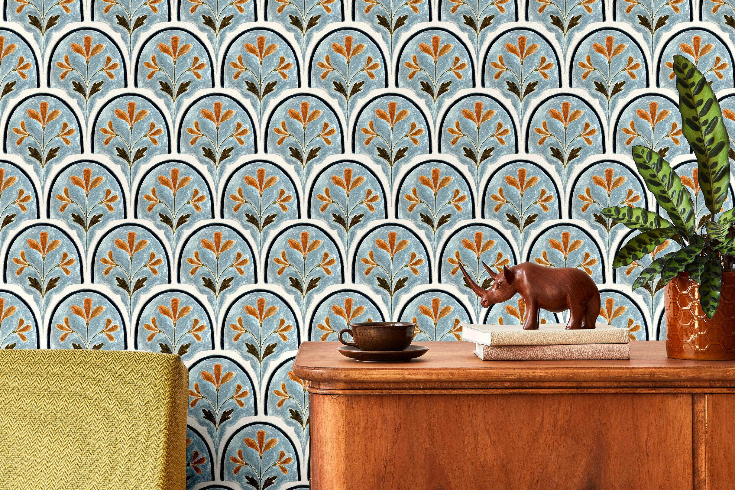 sorella crest blue terracotta arch wallpaper with repeating scallop pattern