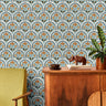 sorella crest blue terracotta arch wallpaper with repeating scallop pattern