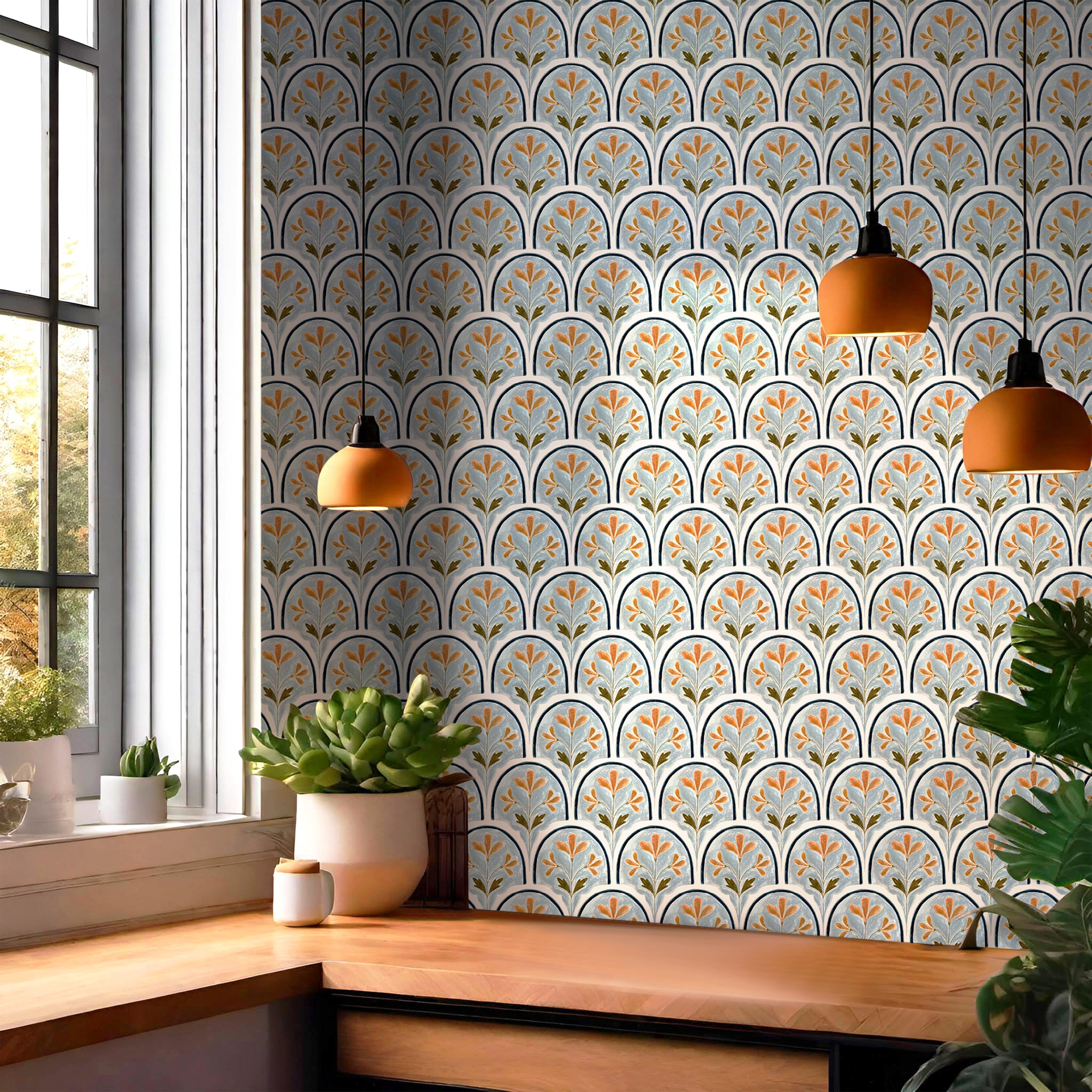 pattern wallpaper with blue terracotta arches and hand painted texture