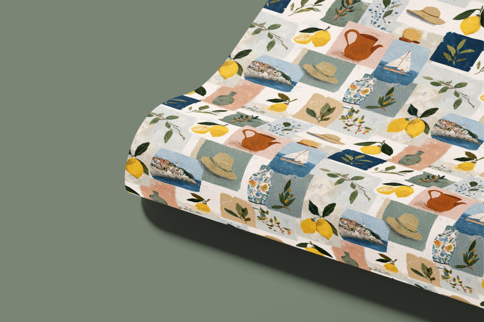 lemon coastal contact paper for kitchen countertops cabinets and shelves with Mediterranean collage pattern
