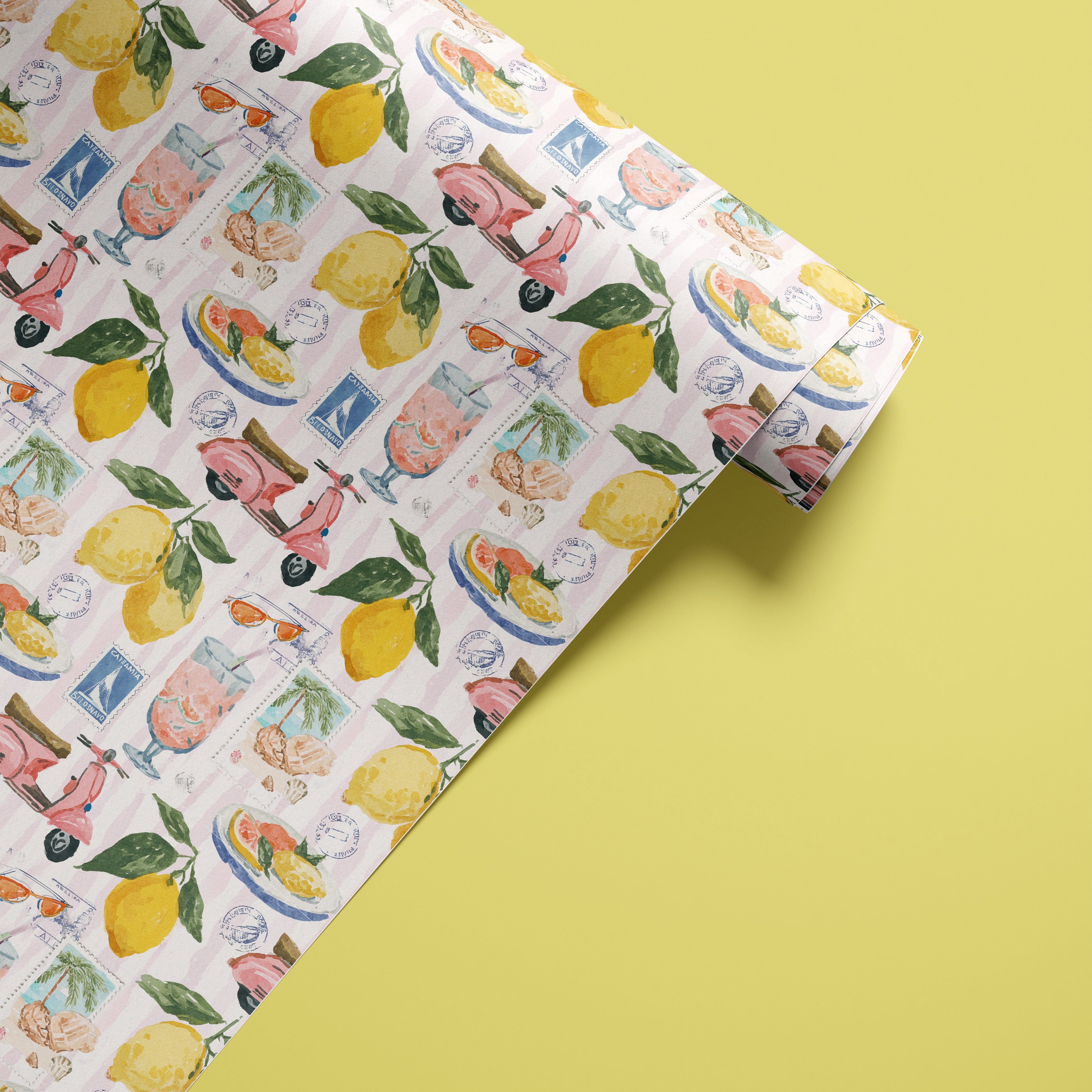 contact paper roll showing lemon coastal travel pattern with blush stripe background for cabinets shelves and furniture