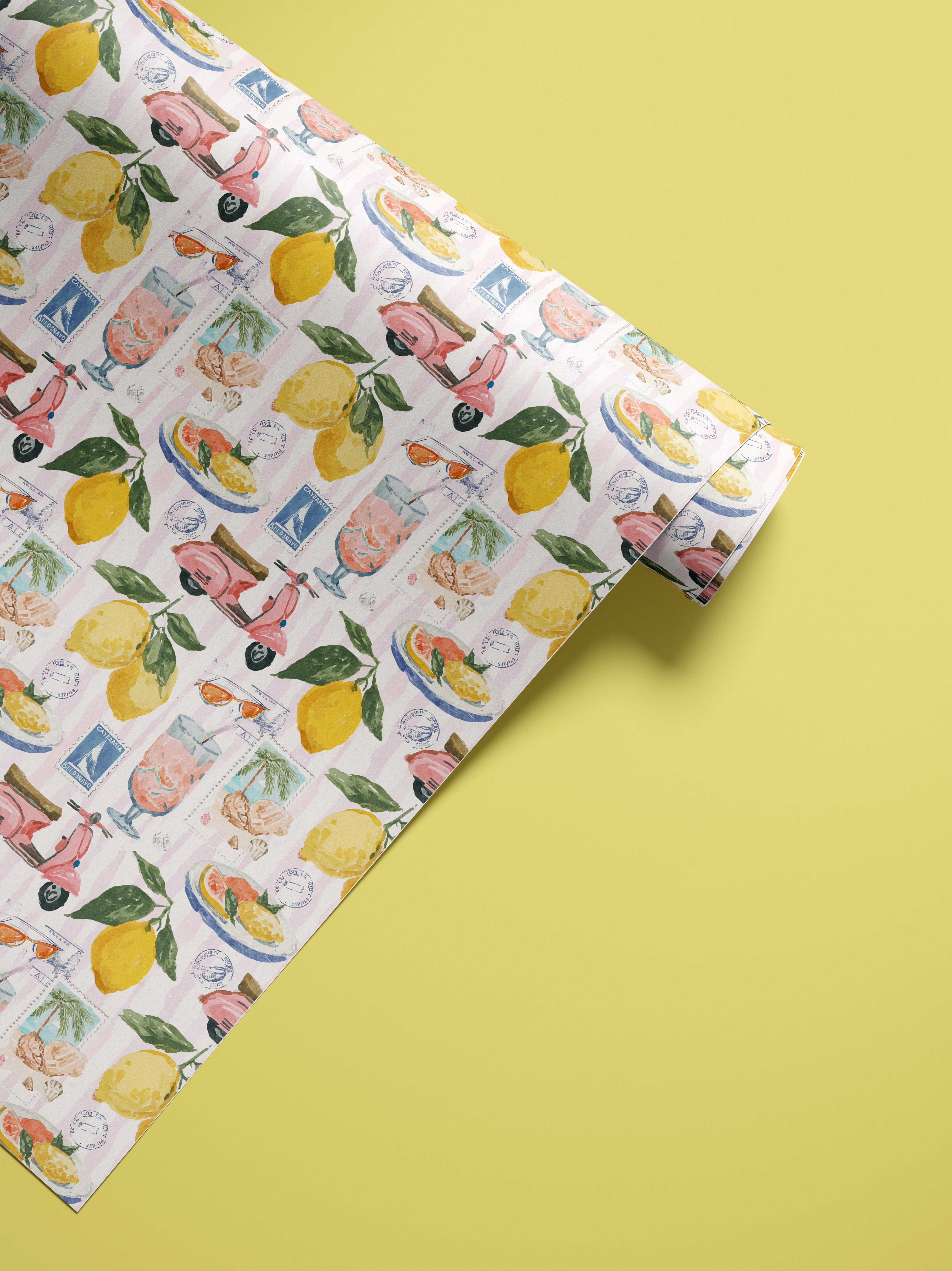 contact paper roll showing lemon coastal travel pattern with blush stripe background for cabinets shelves and furniture