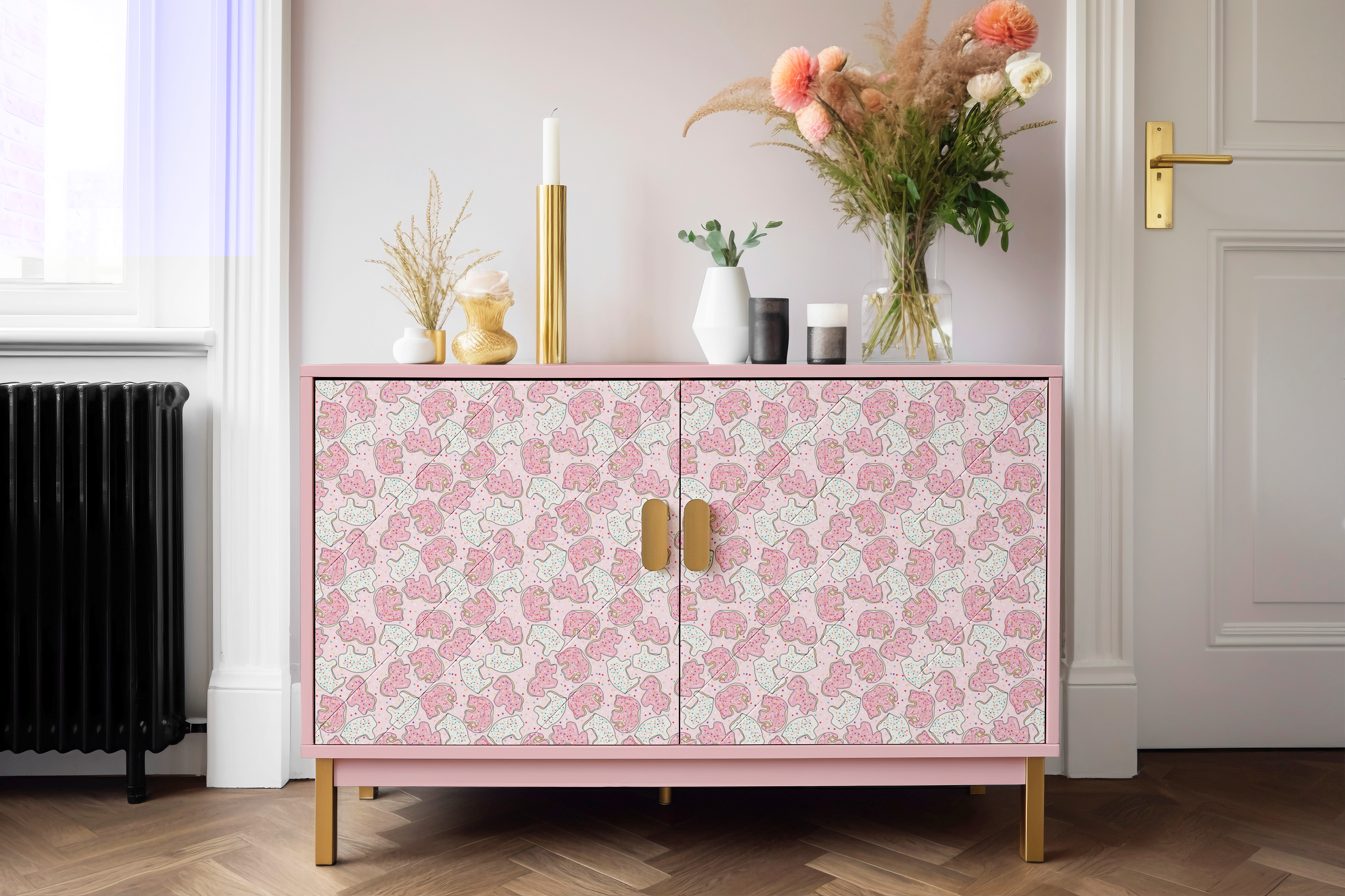 pink playful animal cookie contact paper on modern credenza