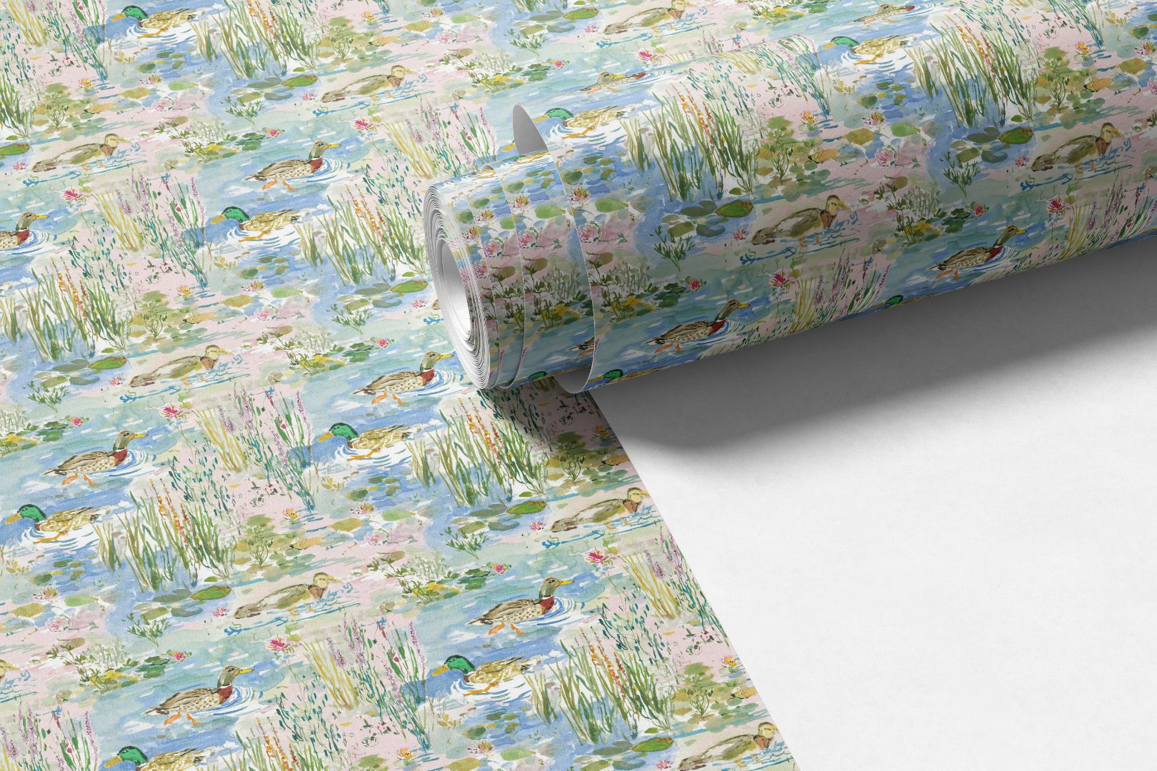 Stillwater Mallards peel and stick contact paper roll with hand painted ducks water lilies and pond scenery in soft blue and green tones