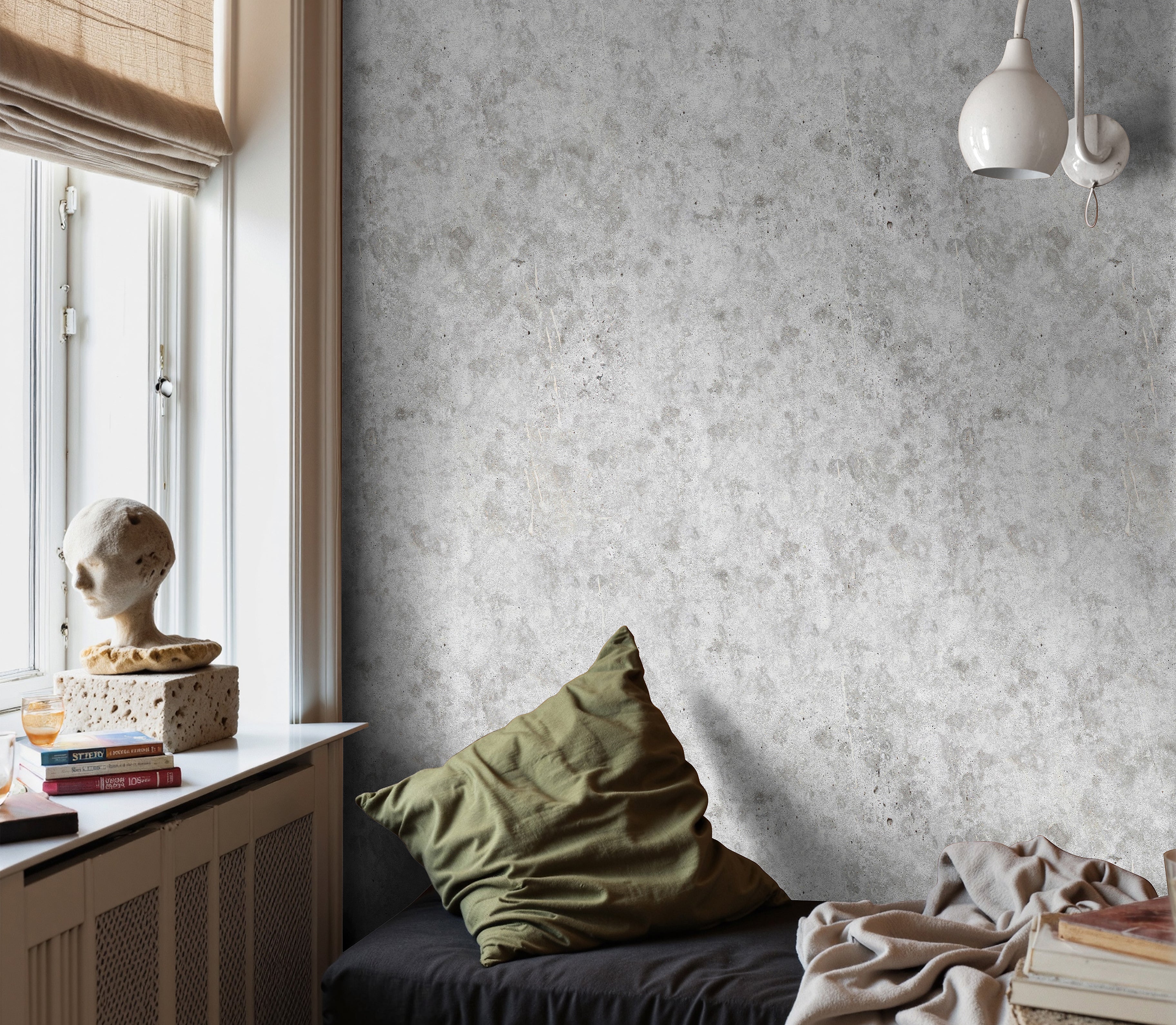 minimal interior featuring soft cement texture wallpaper with clean architectural aesthetic