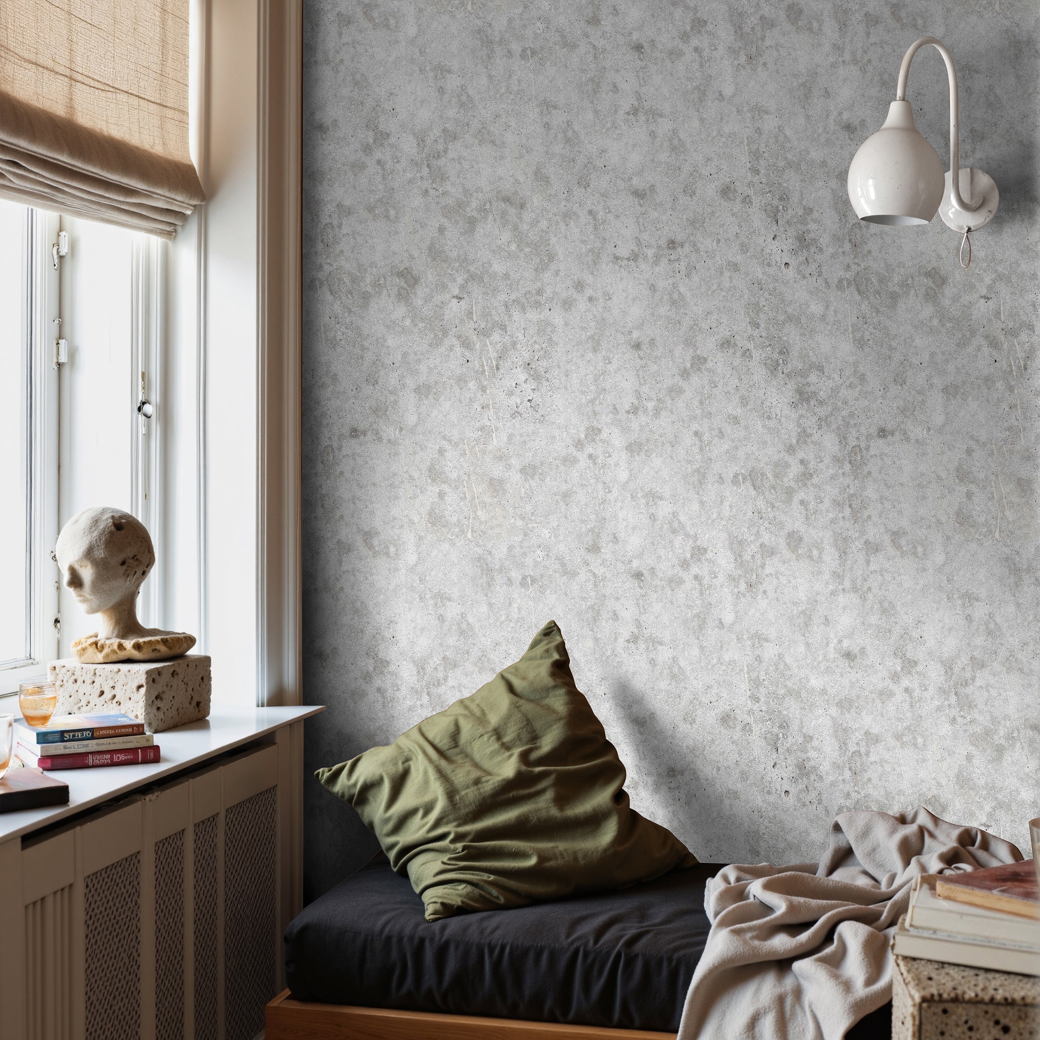 minimal interior featuring soft cement texture wallpaper with clean architectural aesthetic