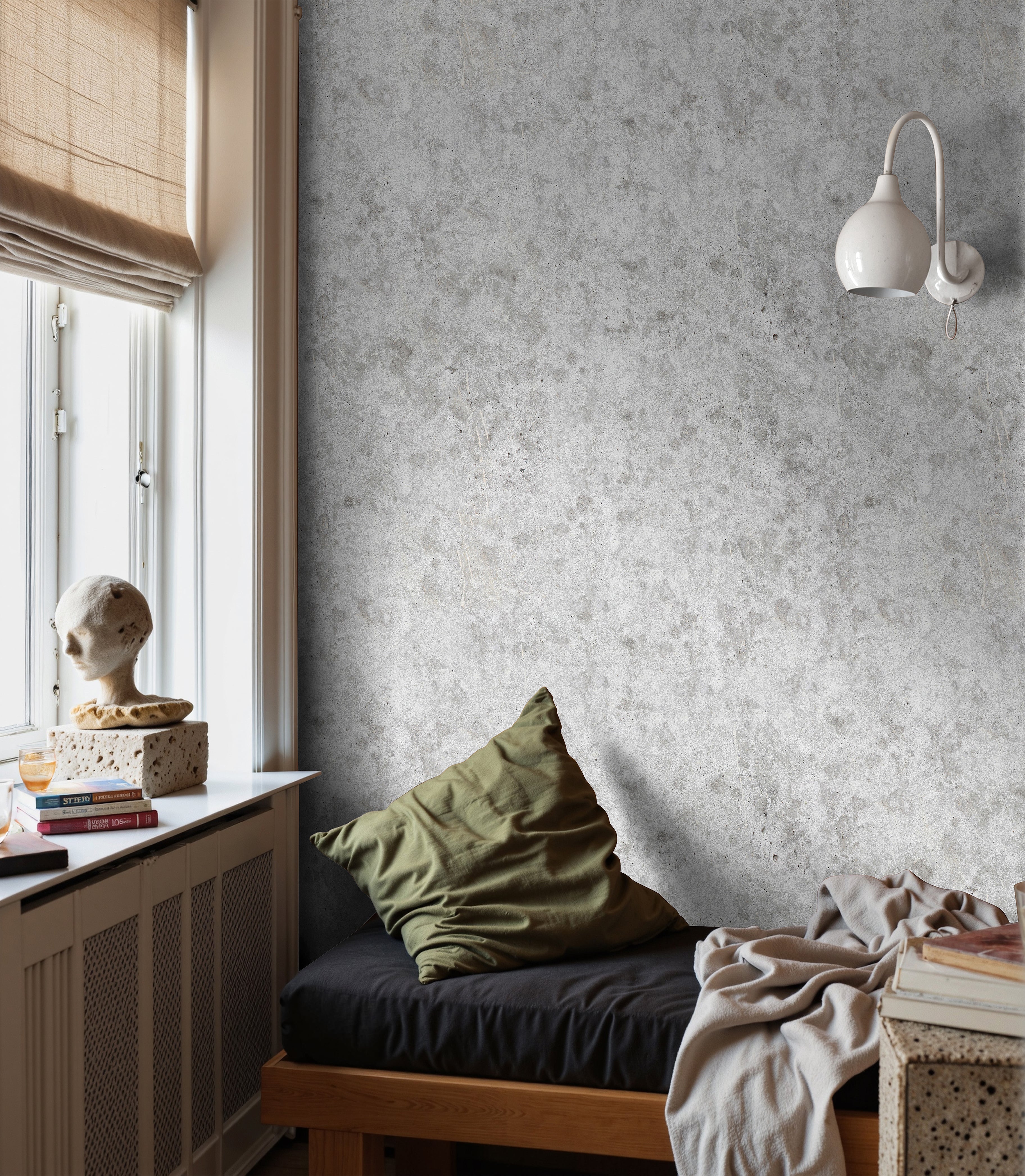 minimal interior featuring soft cement texture wallpaper with clean architectural aesthetic