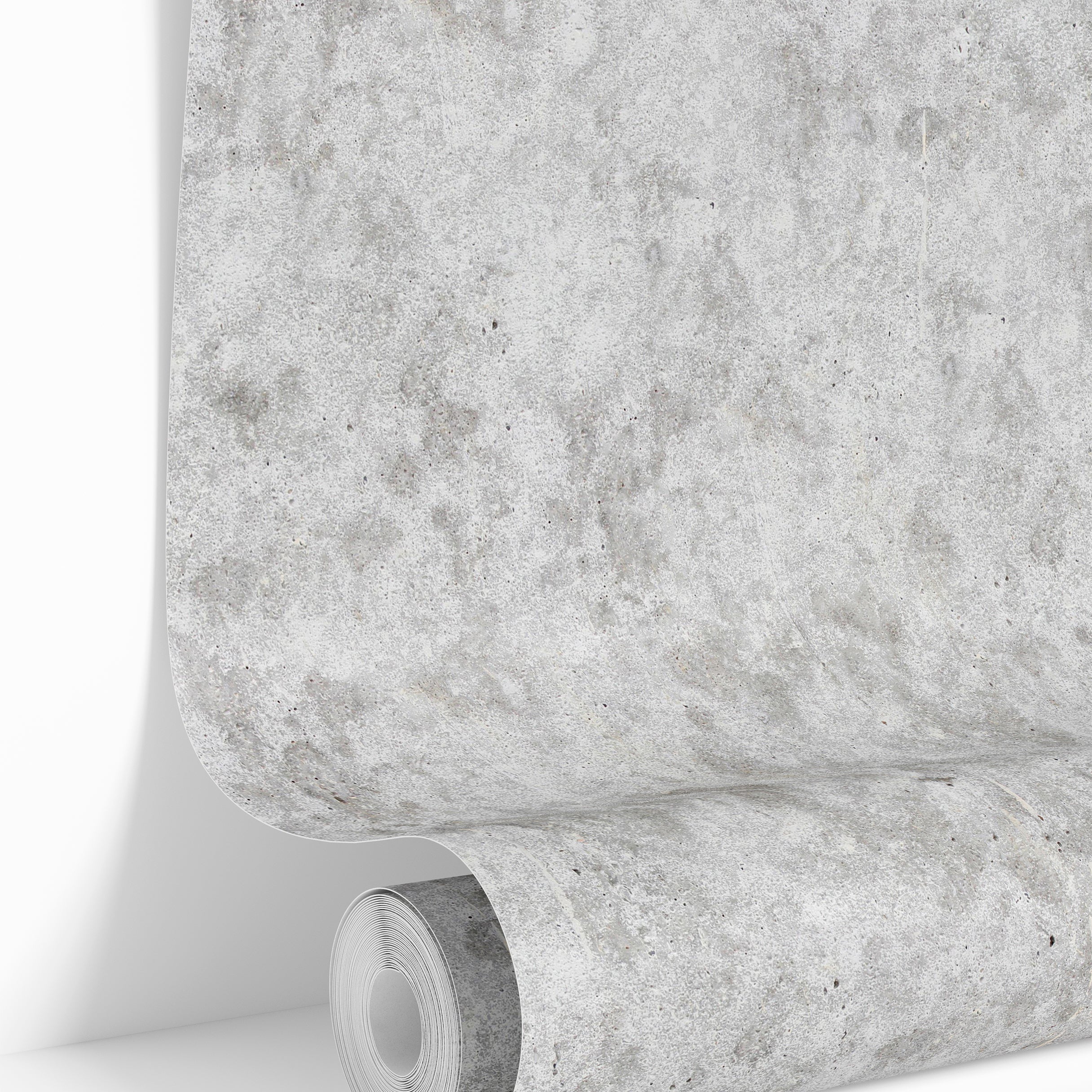 wallpaper roll showing light gray stonewashed concrete texture for accent walls and interiors