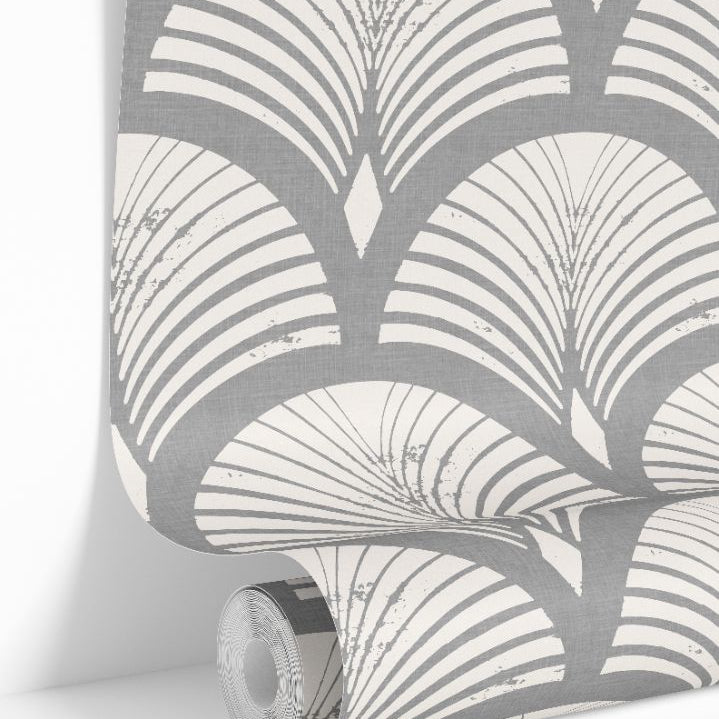 Stormcroft Wallpaper roll showing gray fan pattern with silvery highlights and elegant matte texture