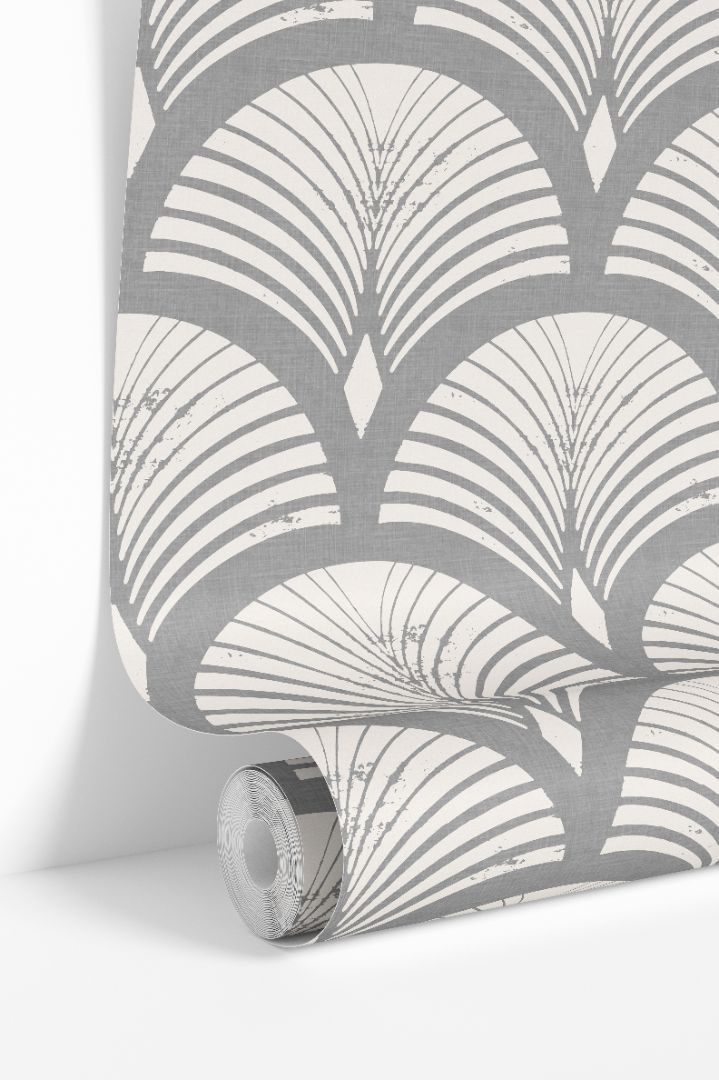 Stormcroft Wallpaper roll showing gray fan pattern with silvery highlights and elegant matte texture