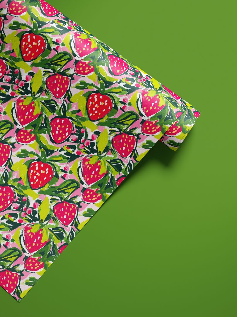 bright strawberry fruit pattern contact paper with hand painted style and soft pink background