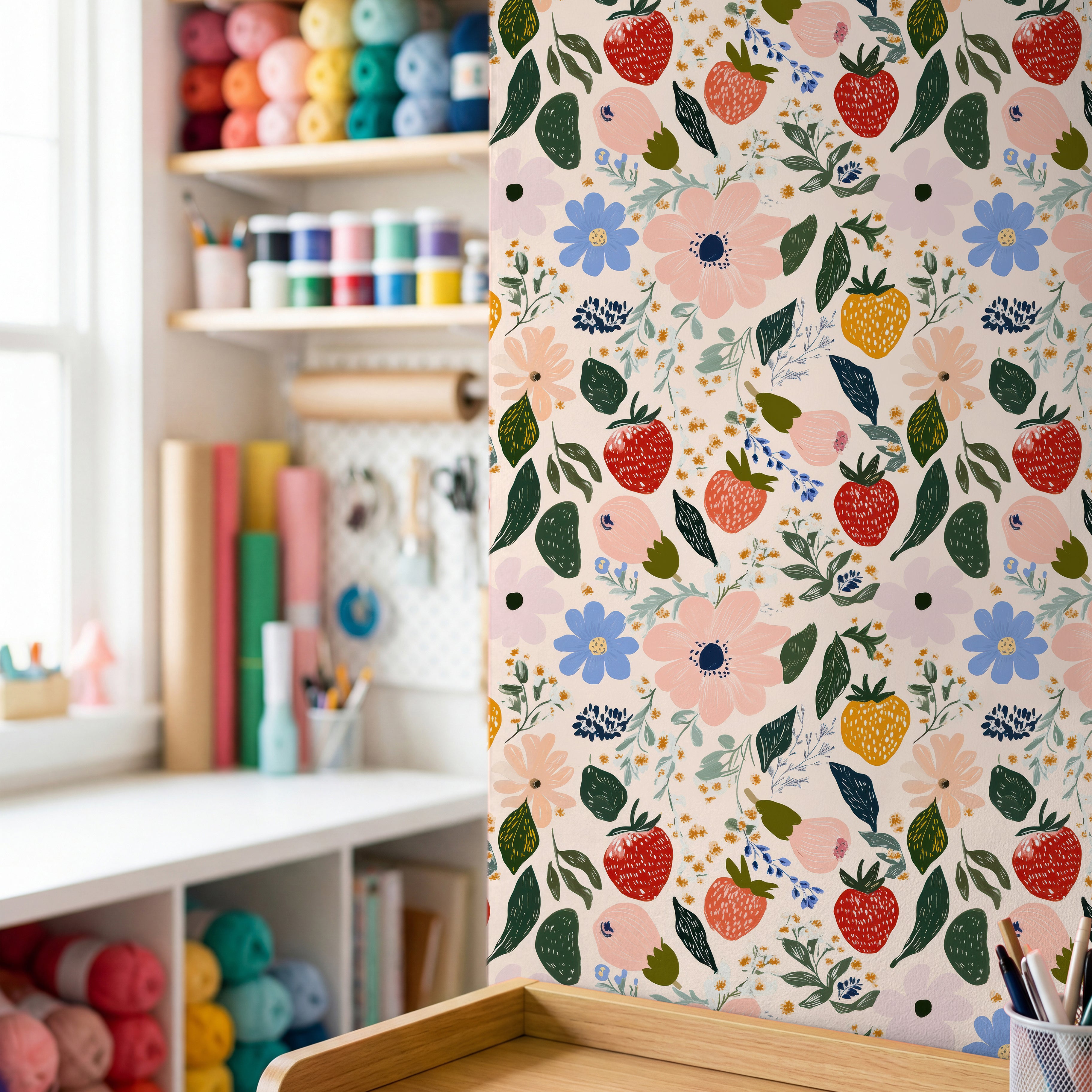 strawberry wallpaper in Craft room with playful floral and fruit design