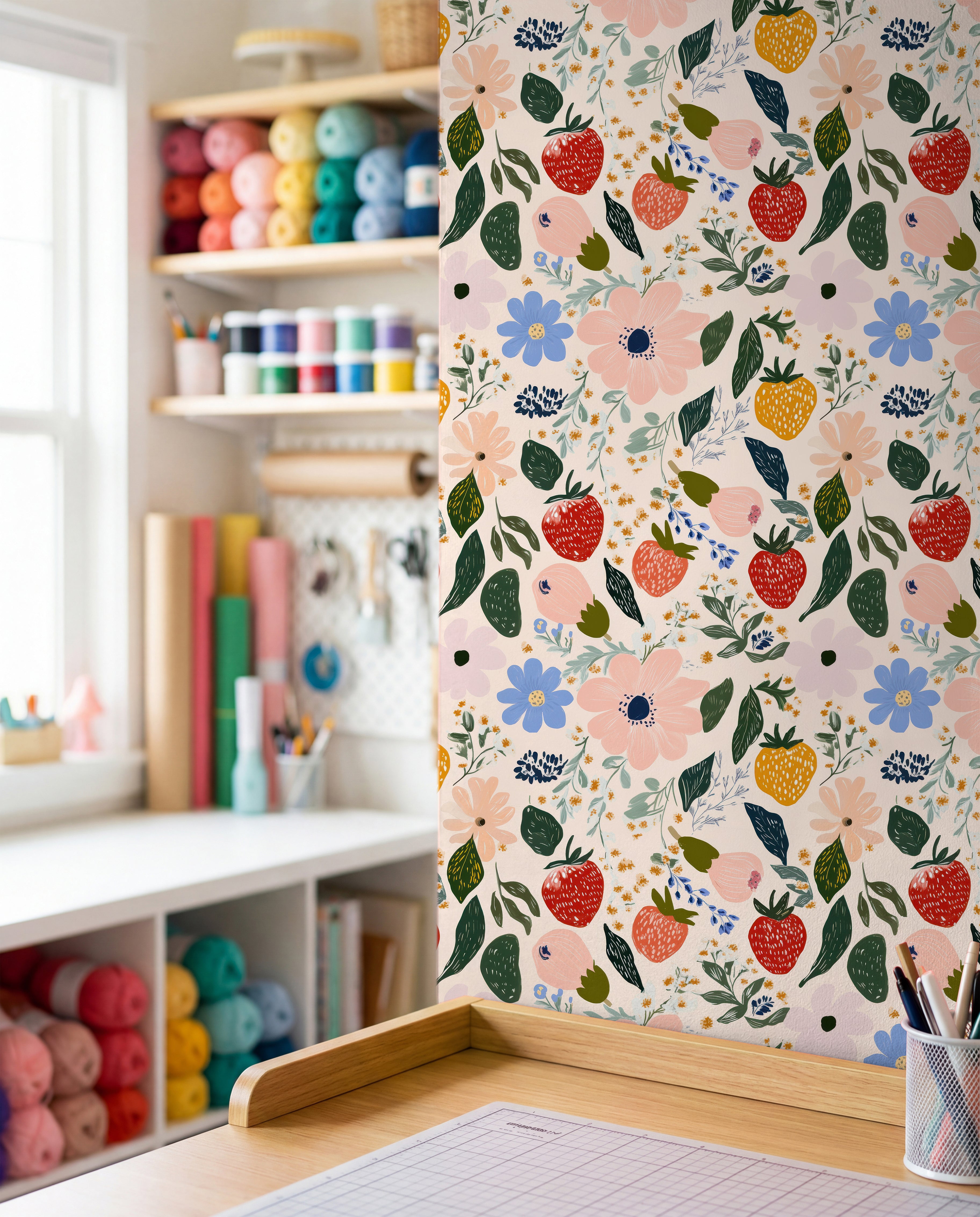strawberry wallpaper in Craft room with playful floral and fruit design