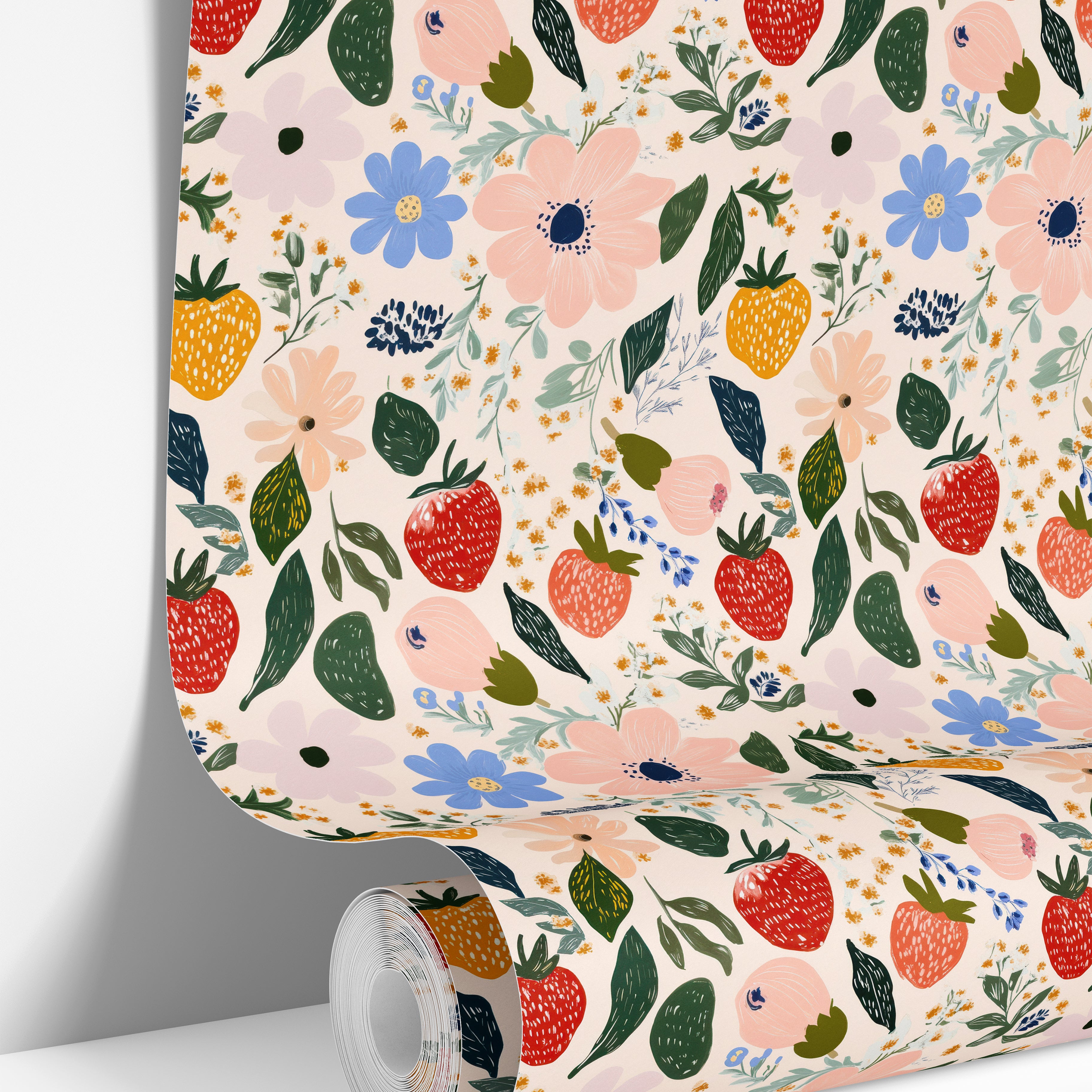 strawberry floral wallpaper in kids room with colorful botanical pattern