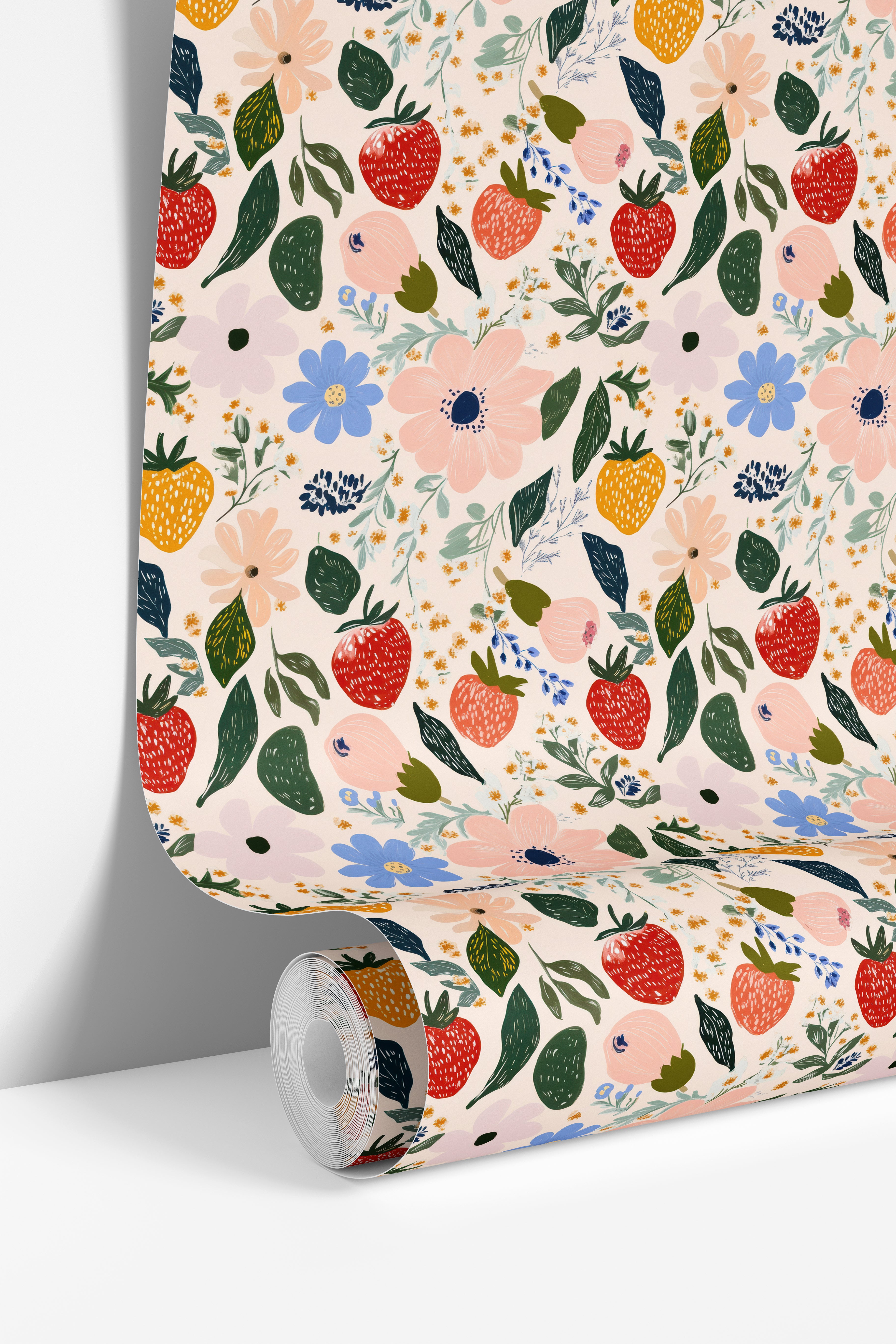 strawberry floral wallpaper in kids room with colorful botanical pattern