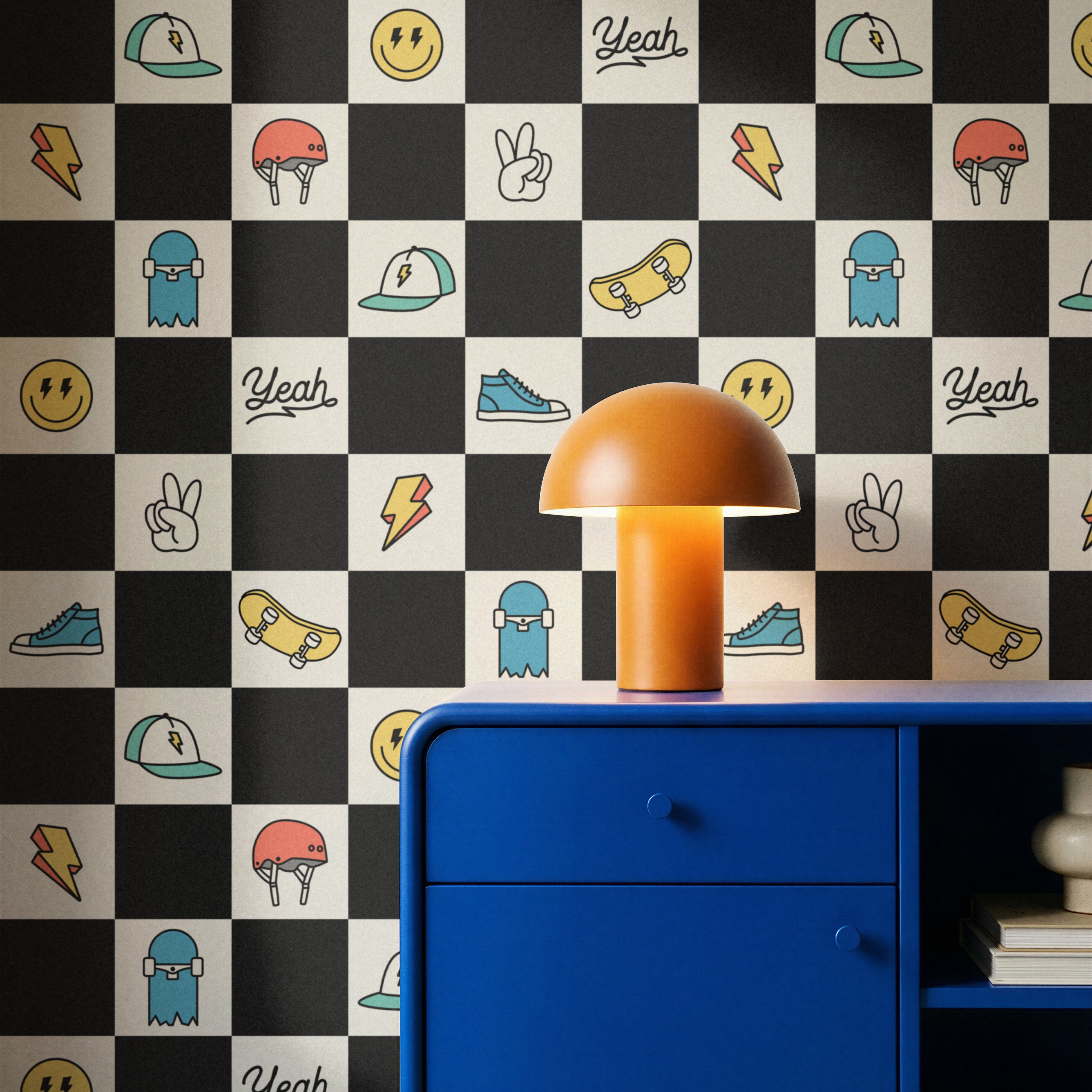 boys room checker wallpaper with skate icons in modern kids bedroom